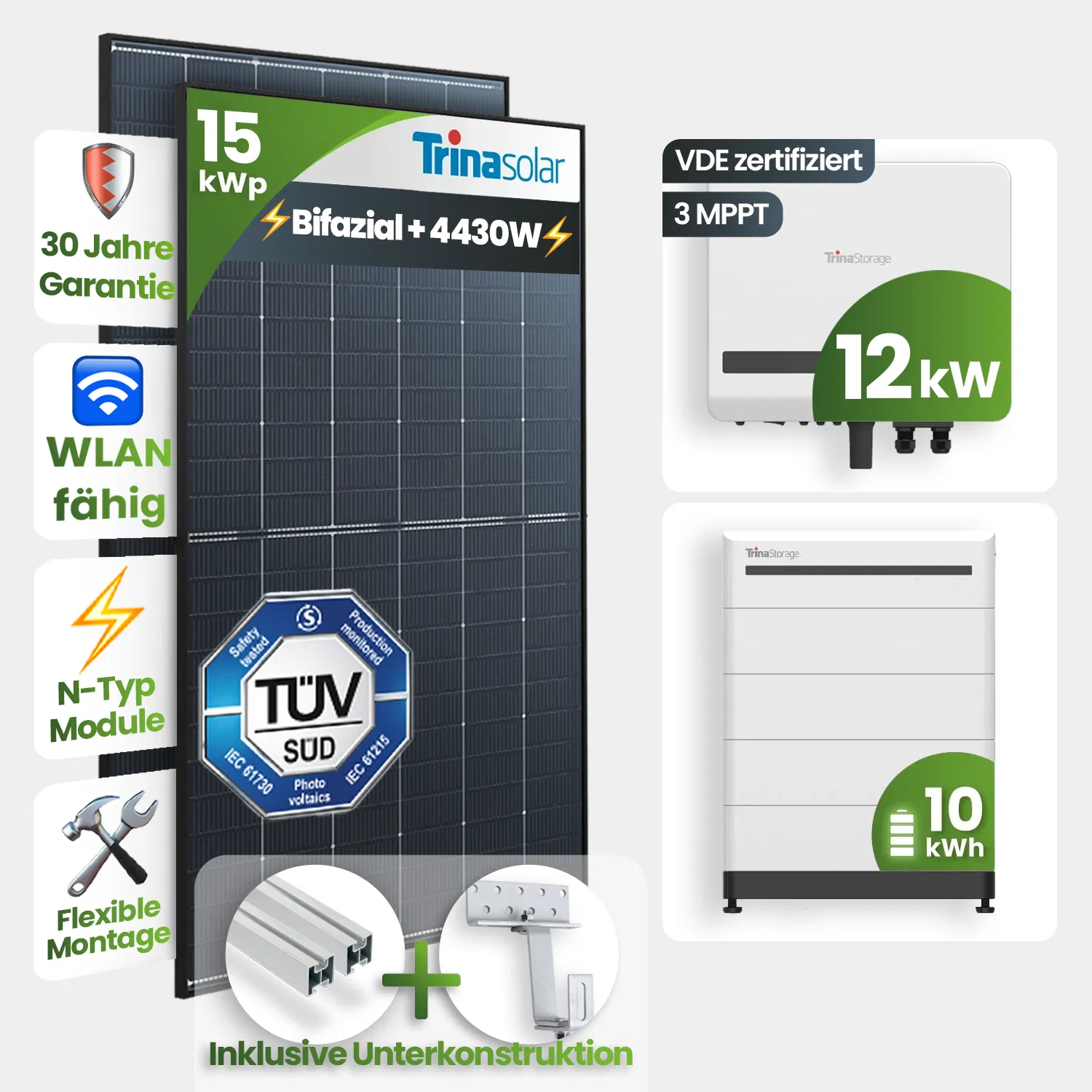 15kWp PV-Anlage 34x Trina 435Wp Bifazial Black Frame Schrägdachmontage 10kWh Speicher