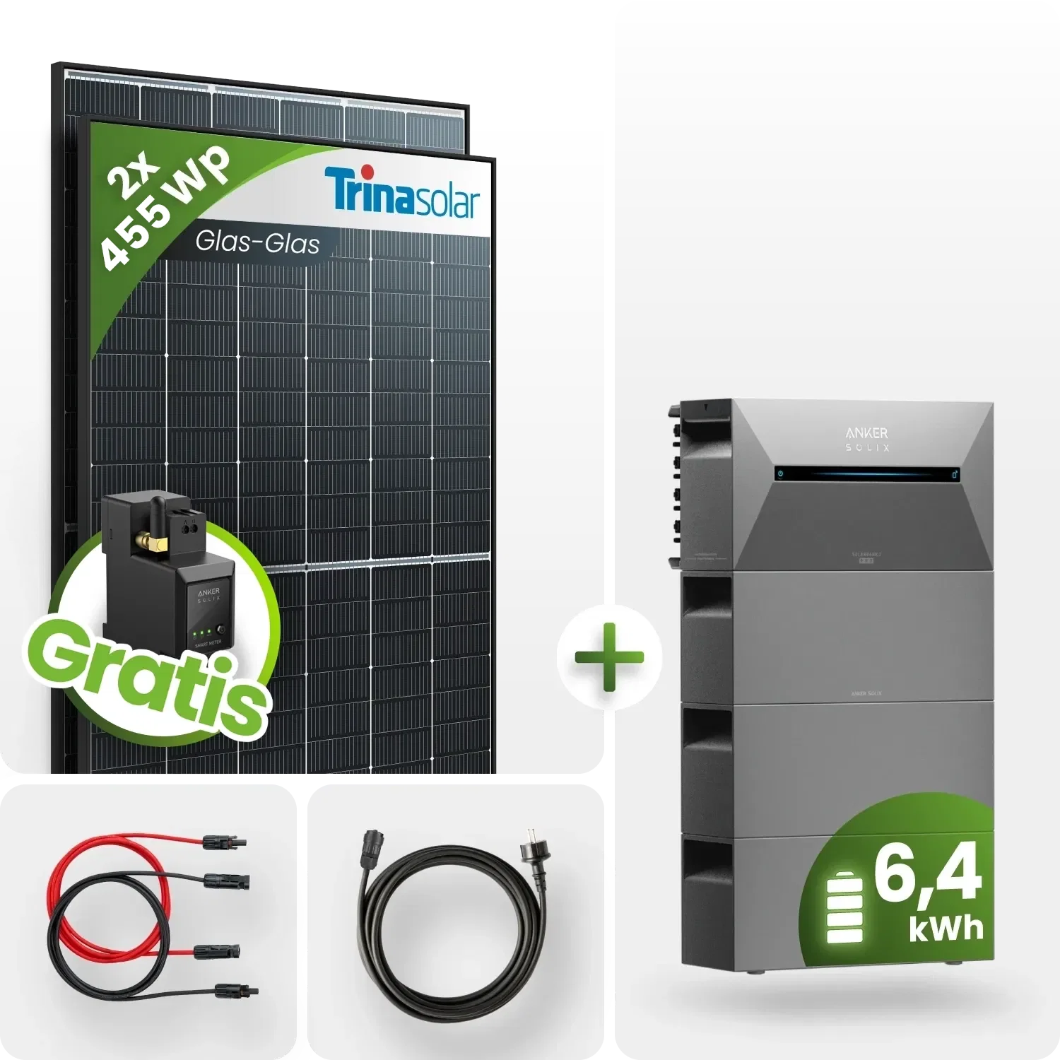 910Wp Balkonkraftwerk 6,4kWh Speicher Anker Solarbank 2 – 2x455Wp Trina Black Frame