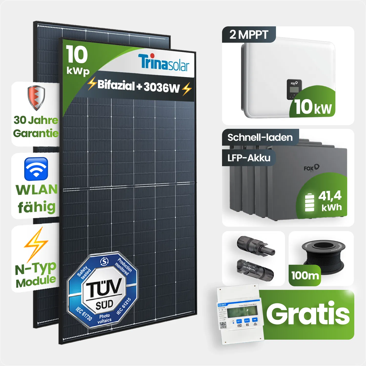 10 kWp FoxEss PV-Anlage 23x Trina 440Wp Bifazial Black Frame 40kWh Speicher Notstromfähig Speicher erweiterbar 10 kWp FoxEss PV-Anlage 23x Trina 440Wp Bifazial Black Frame 40kWh Speicher Notstromfähig Speicher erweiterbar