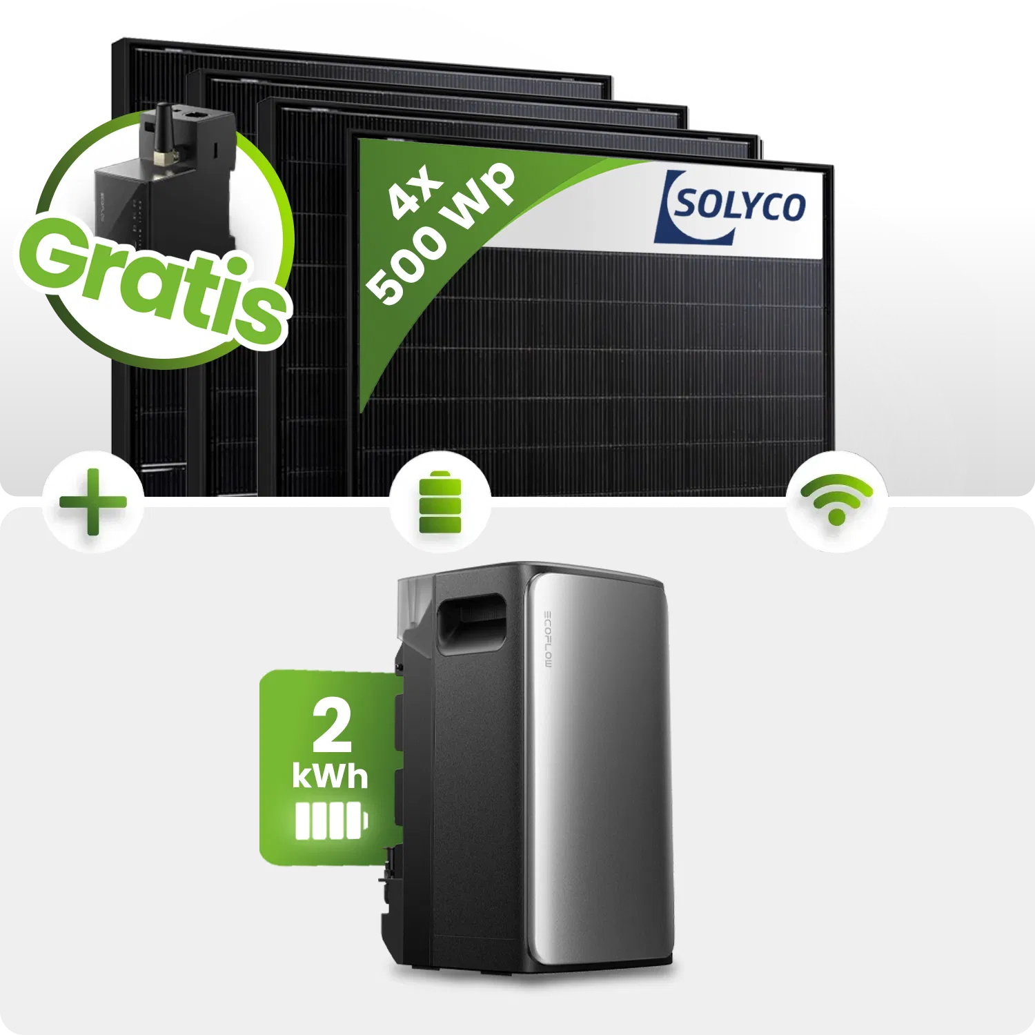 2000Wp Balkonkraftwerk 4x 500Wp Solyco HJT Bifazial Fullblack 2kWh Speicher EcoFlow Ultra 2000Wp Balkonkraftwerk 4x 500Wp Solyco HJT Bifazial Fullblack 2kWh Speicher EcoFlow Ultra