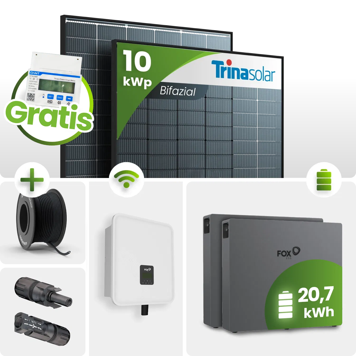 10 kWp FoxEss PV-Anlage 23x Trina 435Wp Bifazial Black Frame 20kWh Speicher Notstromfähig Speicher erweiterbar 10 kWp FoxEss PV-Anlage 23x Trina 435Wp Bifazial Black Frame 20kWh Speicher Notstromfähig Speicher erweiterbar