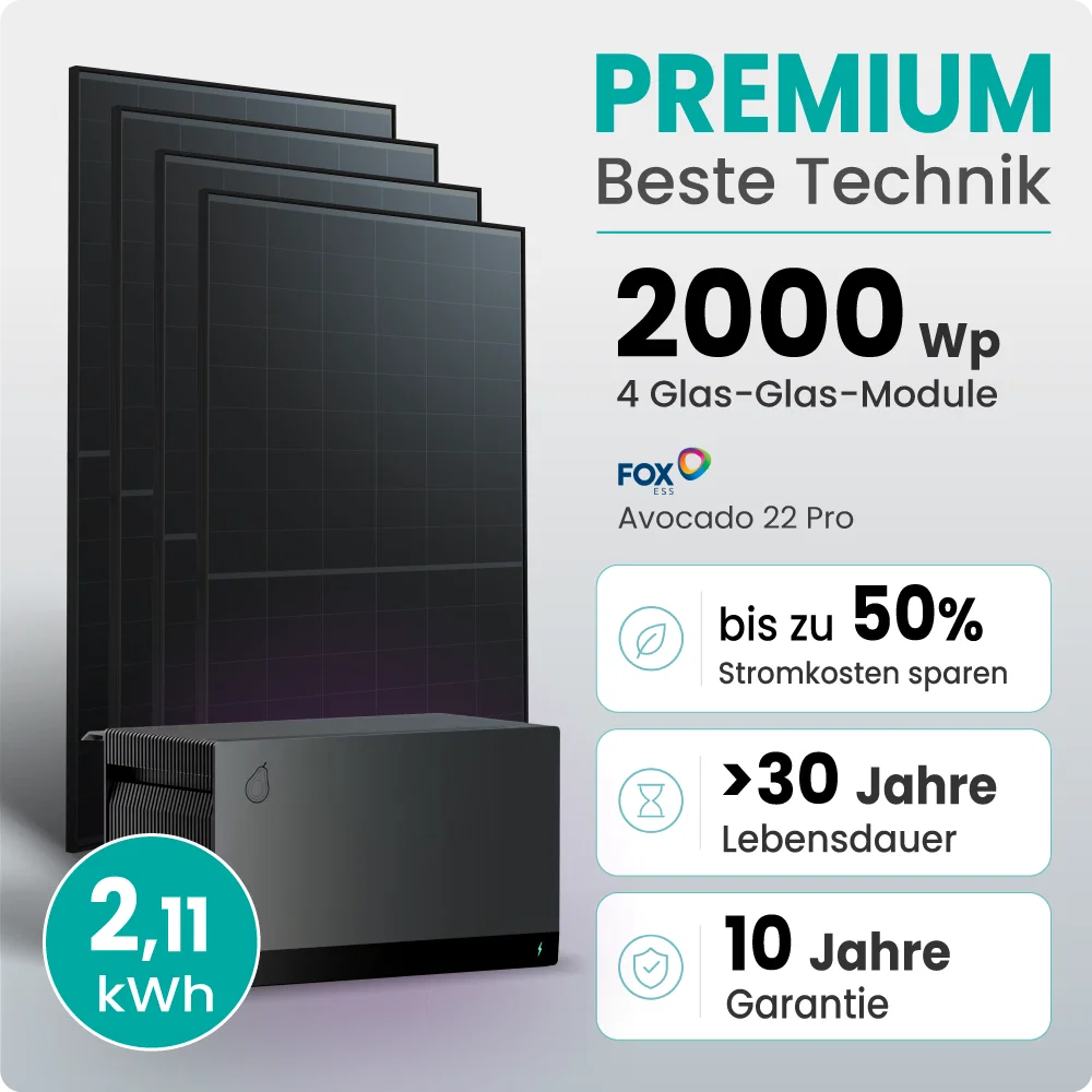 Tepto 2000W Balkonkraftwerk Premium mit FoxEss Avocado 22 Pro 2,11kWh Speicher