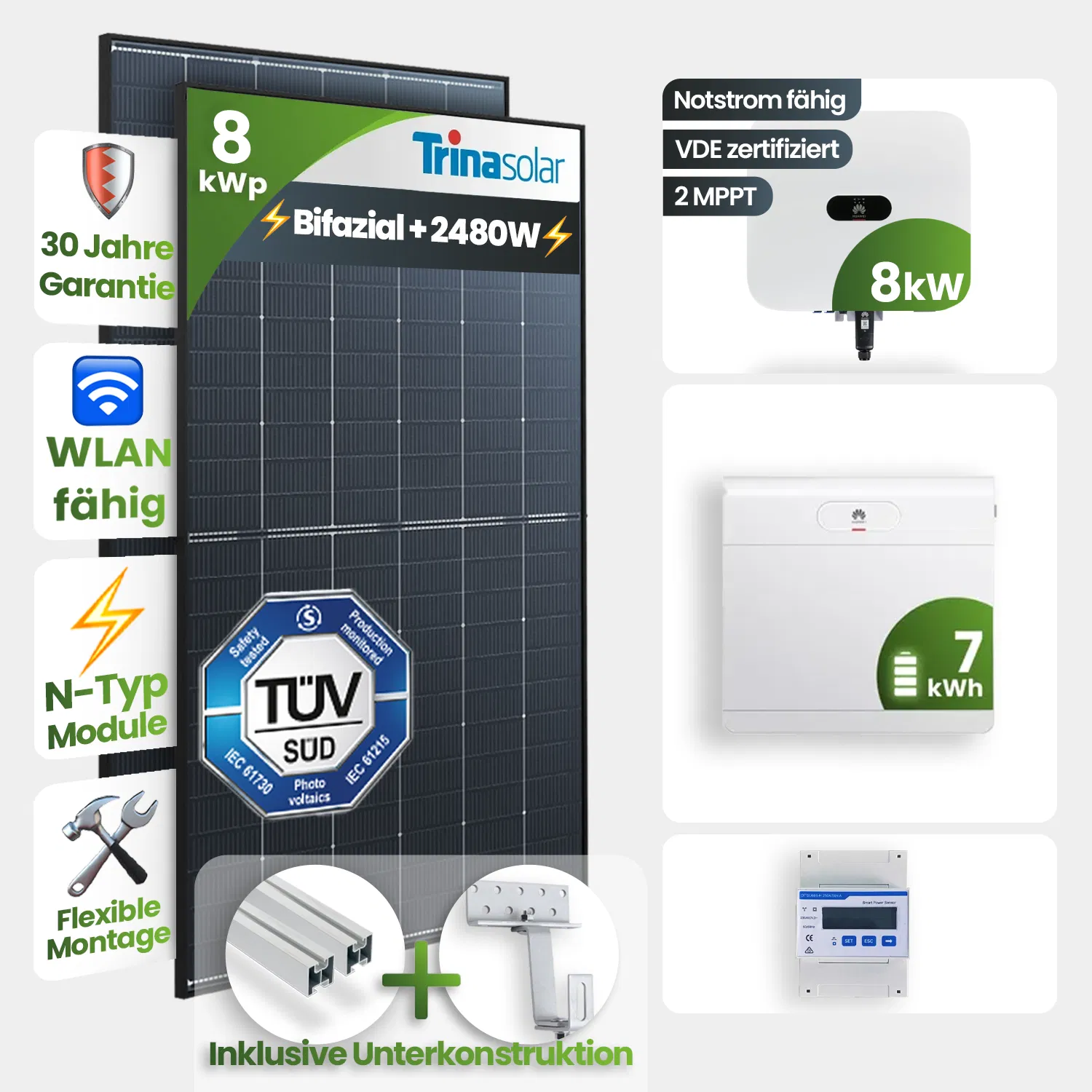 8kWp Huawei PV-Anlage 19x Trina 435Wp Bifazial Black Frame Schrägdachmontage 7kWh Speicher