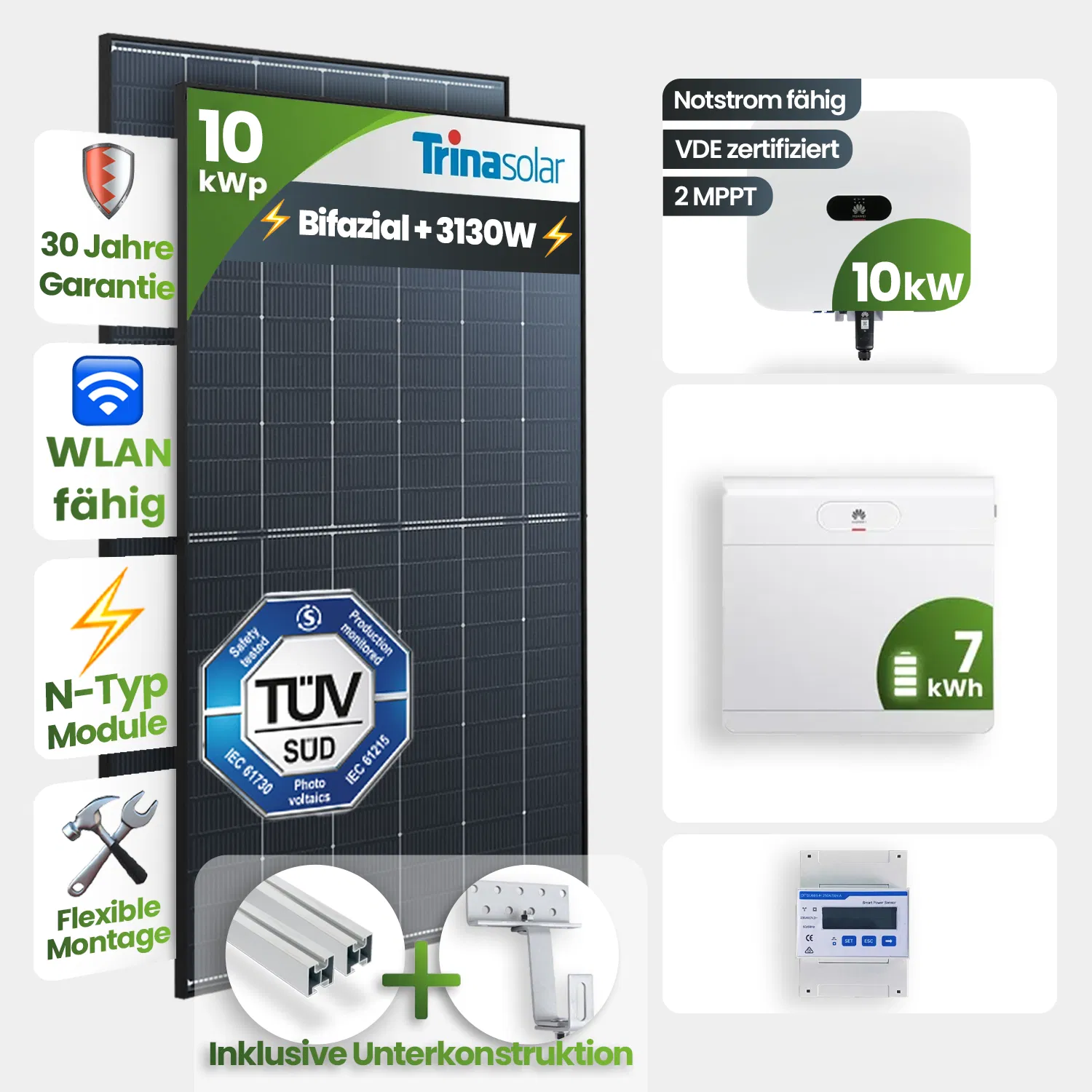 10kWp Huawei PV-Anlage 24x Trina 435Wp Bifazial Black Frame Schrägdachmontage 7kWh Speicher