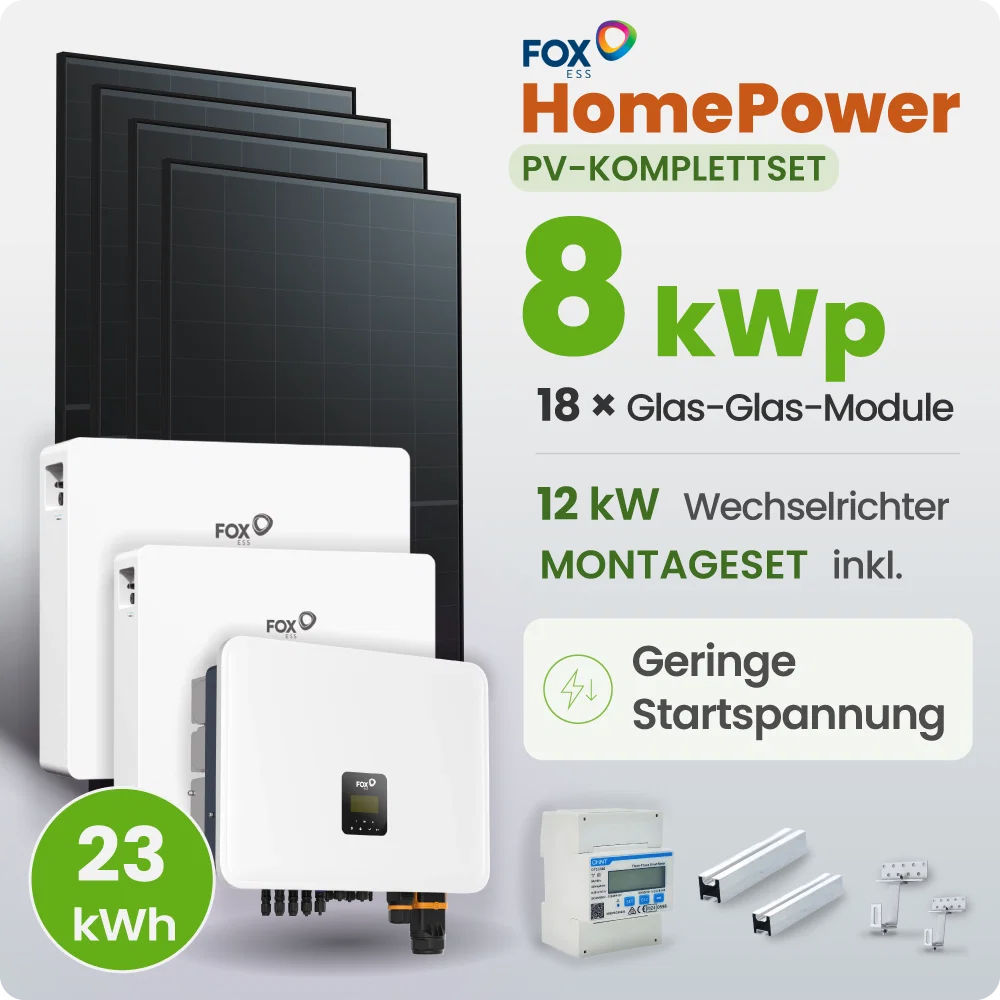 8 kWp FoxEss PV-Anlage 18x 460Wp Glas-Glas Fullblack Schrägdach 23,04kWh Speicher inkl. Smart Meter
