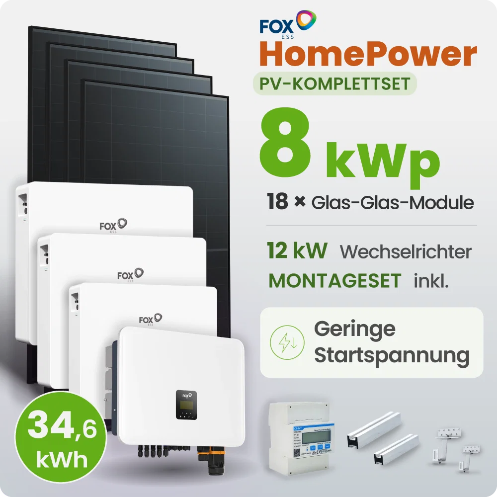 8 kWp FoxEss PV-Anlage 18x 460Wp Glas-Glas Fullblack Schrägdach 34,56kWh Speicher inkl. Smart Meter
