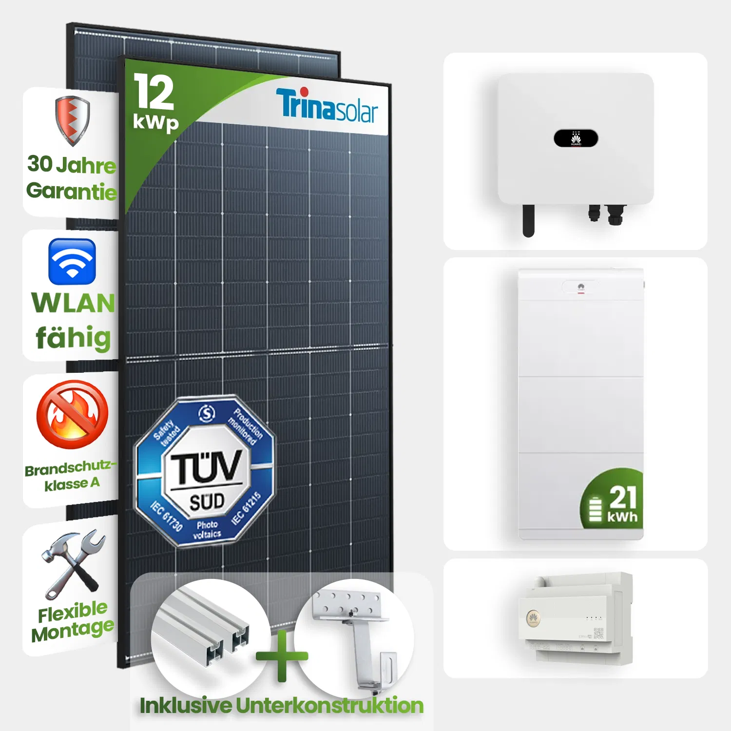 12 kWp Huawei PV-Anlage 27x Trina 455Wp Glas-Glas Black Frame mit 14 kWh Speicher