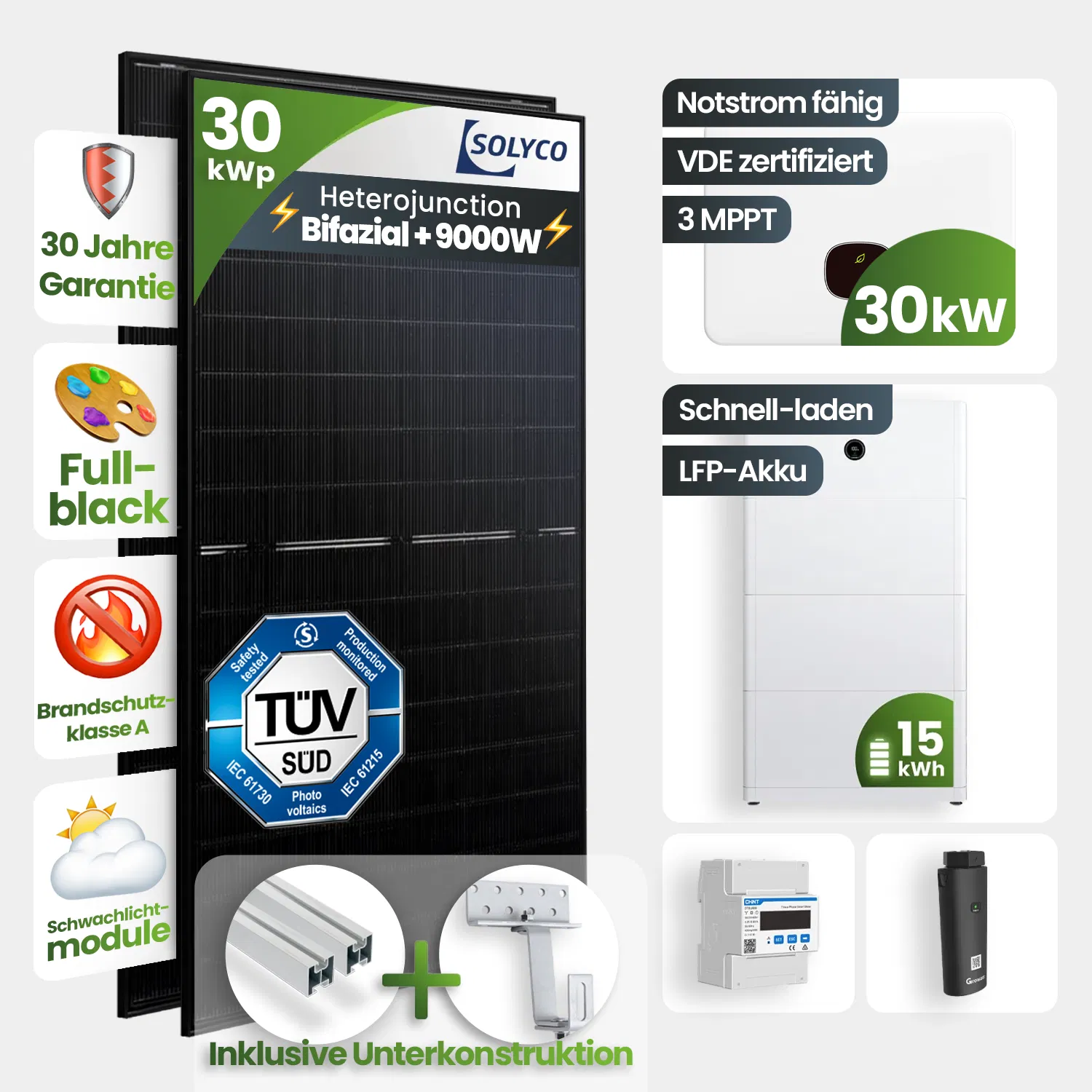 30 kWp Growatt PV-Anlage 60x Solyco 500Wp Bifazial Fullblack mit 15 kWh Speicher