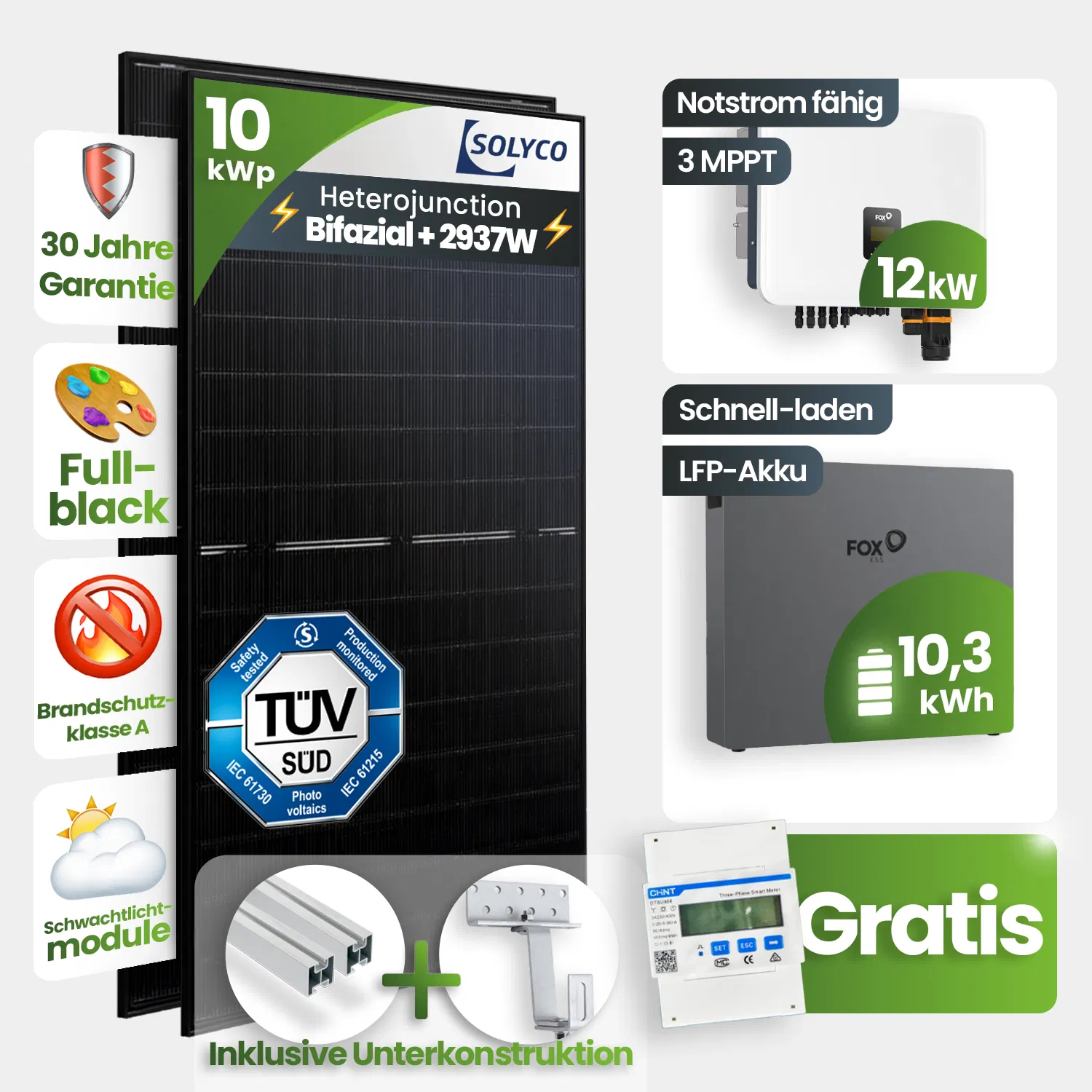 10 kWp FoxEss PV-Anlage 22x Solyco 445Wp HJT Bifazial Fullblack 10kWh Speicher inkl. Smart Meter 10 kWp FoxEss PV-Anlage 22x Solyco 445Wp HJT Bifazial Fullblack 10kWh Speicher inkl. Smart Meter