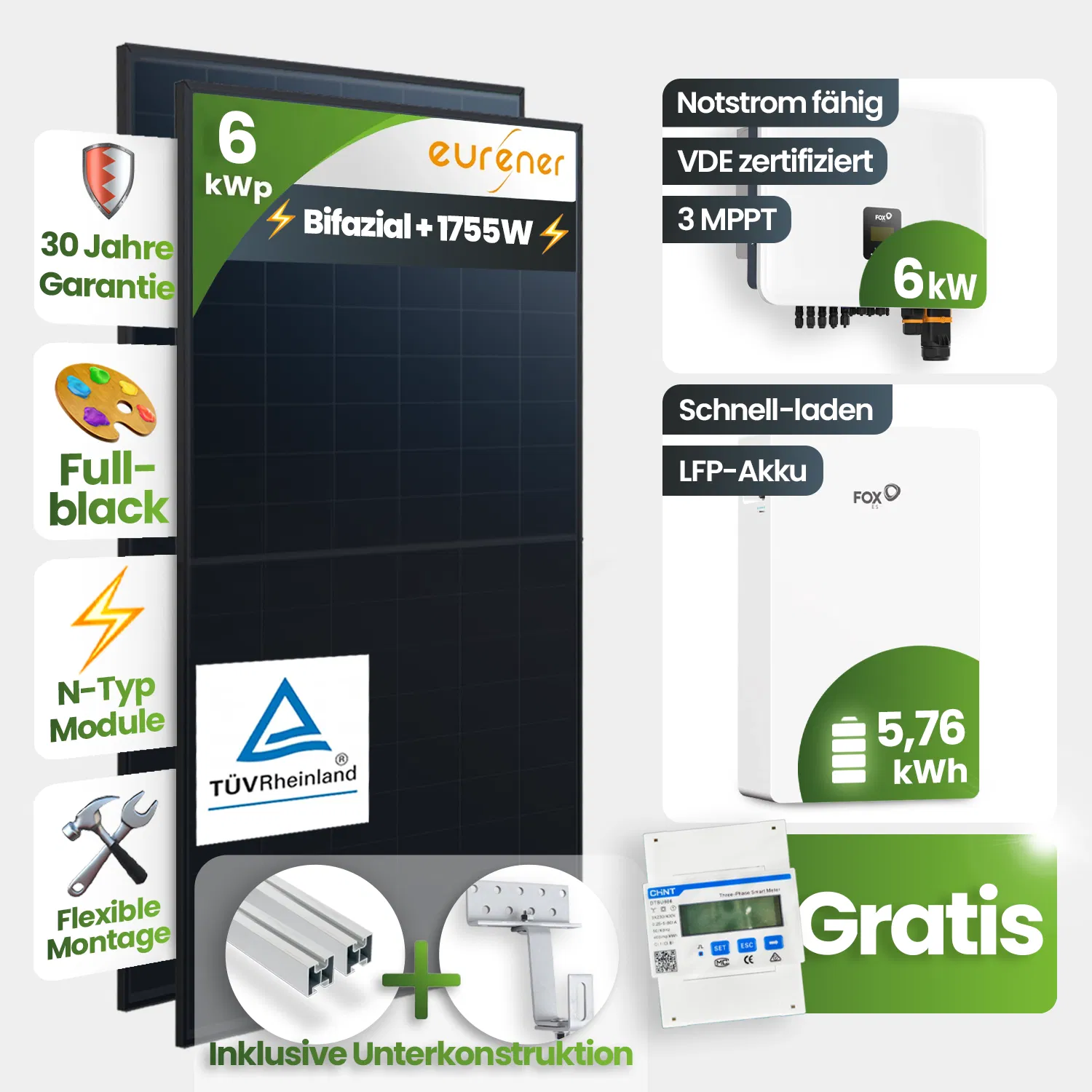 6kWp FoxEss PV-Anlage 13x Eurener 450Wp ULTRA Bifazial Schrägdachmontage 5,76kWh Speicher inkl. Smart Meter 6kWp FoxEss PV-Anlage 13x Eurener 450Wp ULTRA Bifazial Schrägdachmontage 5,76kWh Speicher inkl. Smart Meter