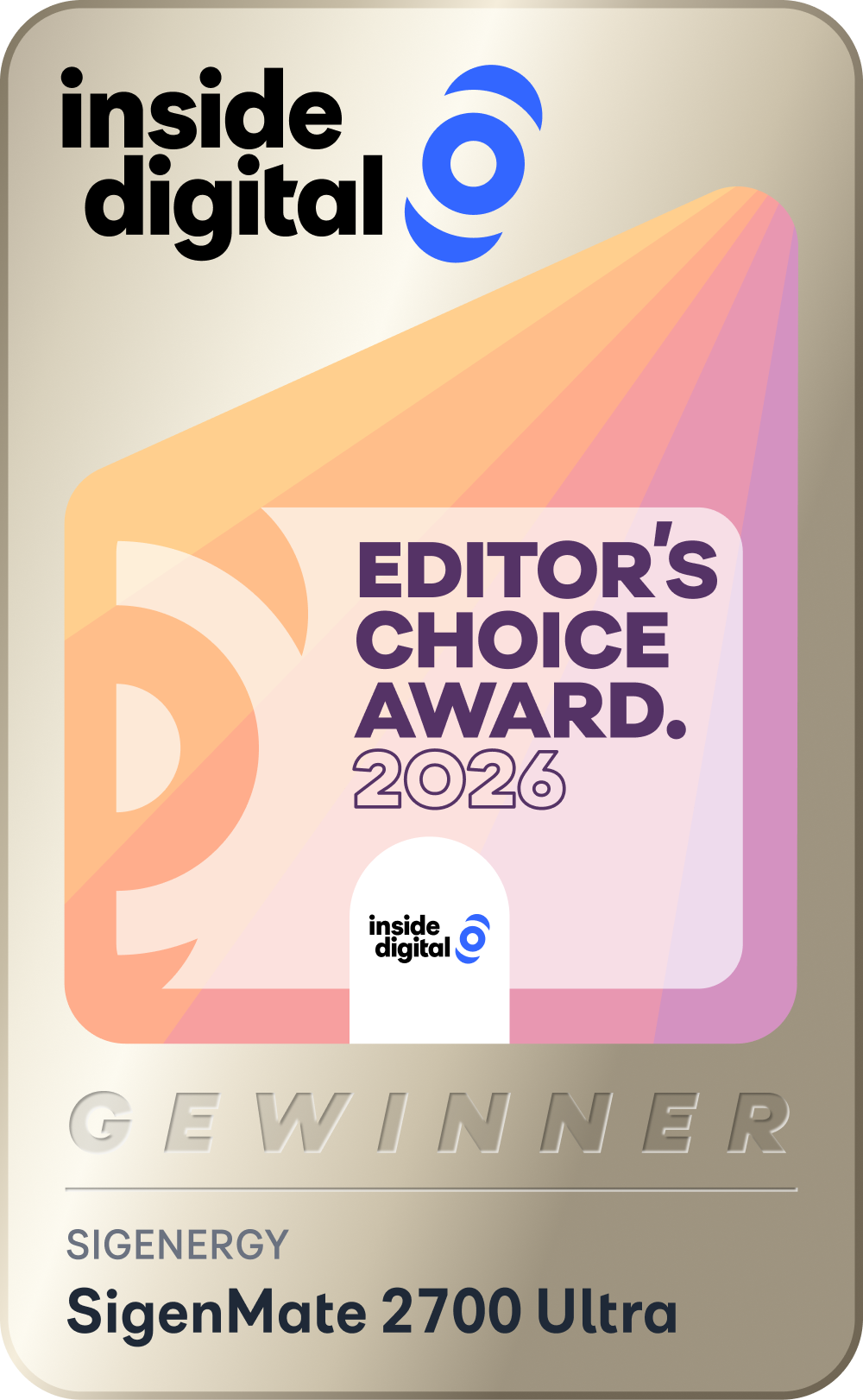 inside digital Editor's Choice Award 2026 Gewinner-Siegel für den Sigenergy SigenMate 2700 Ultra