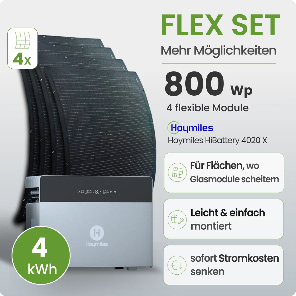 Tepto Balkonkraftwerk Flex 800Wp mit Hoymiles Hibattary 4kWh Speicher