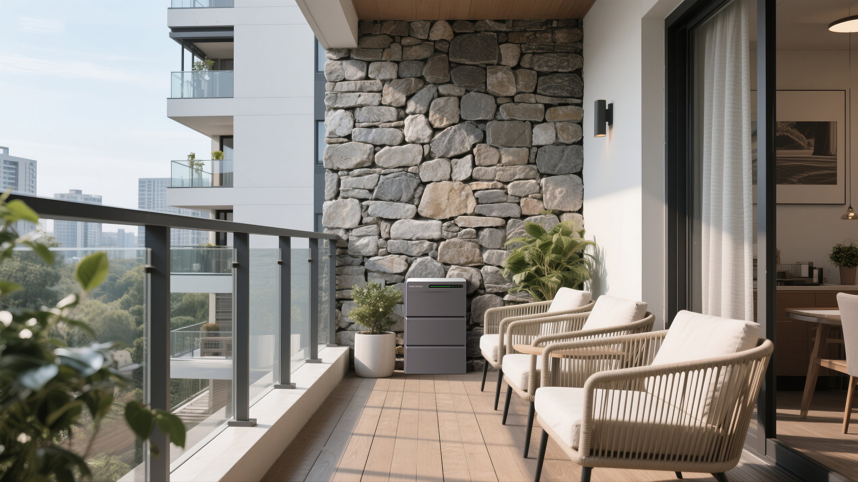 outdoor balcony, stone wall, pflanzgefäß, stuhlgruppe, gerät
