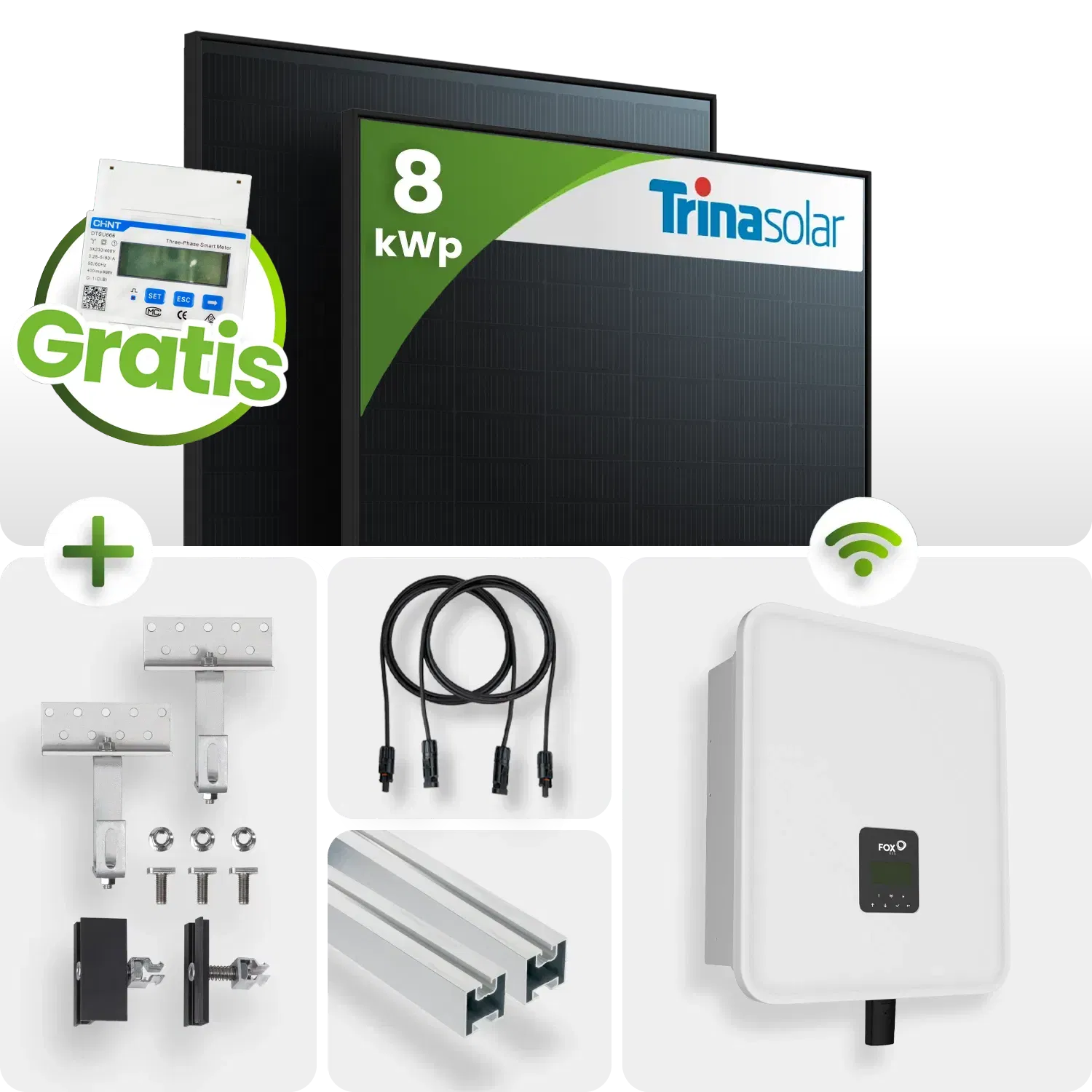 8 kWp FoxEss PV-Anlage 18x Trina 450Wp Glas-Glas Fullblack Schrägdach inkl. Smart Meter 8 kWp FoxEss PV-Anlage 18x Trina 450Wp Glas-Glas Fullblack Schrägdach inkl. Smart Meter
