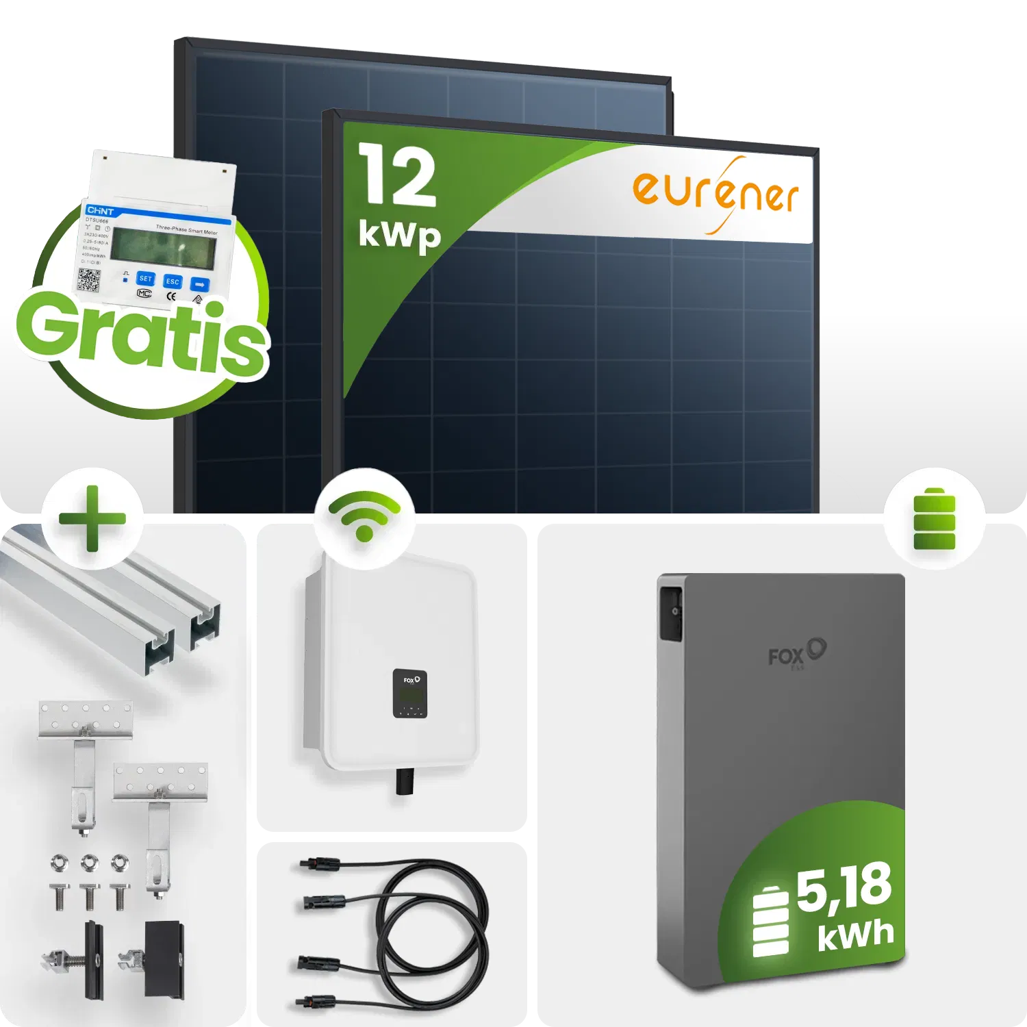 12kWp FoxEss PV-Anlage 27x Eurener 450Wp ULTRA Bifazial Schrägdachmontage 5 kWh Speicher inkl. Smart Meter 12kWp FoxEss PV-Anlage 27x Eurener 450Wp ULTRA Bifazial Schrägdachmontage 5 kWh Speicher inkl. Smart Meter