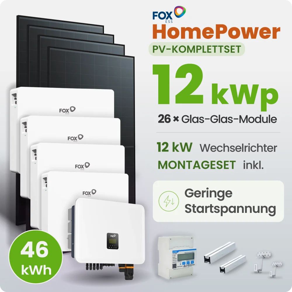 12 kWp FoxEss PV-Anlage 26x 460Wp Glas-Glas Fullblack 46,08kWh Speicher inkl. Smart Meter