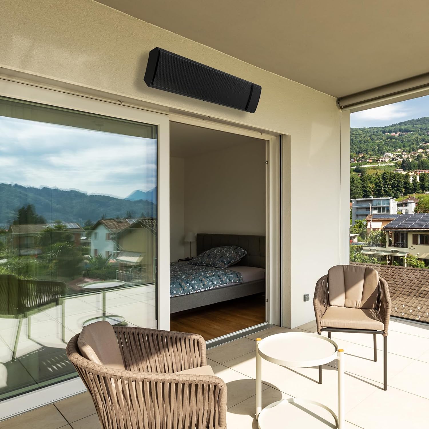 Terrasse, Outdoor-Sitzbereich, Balkon, Schiebetür, Schlafzimmerblick