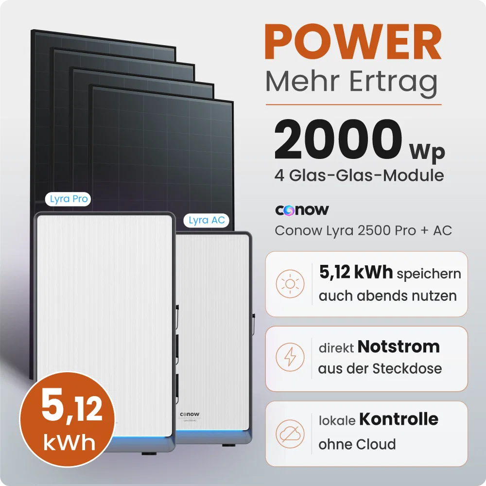 Tepto 2000W Balkonkraftwerk MaxPower mit 5,12 kWh Speicher Conow Lyra Pro + AC