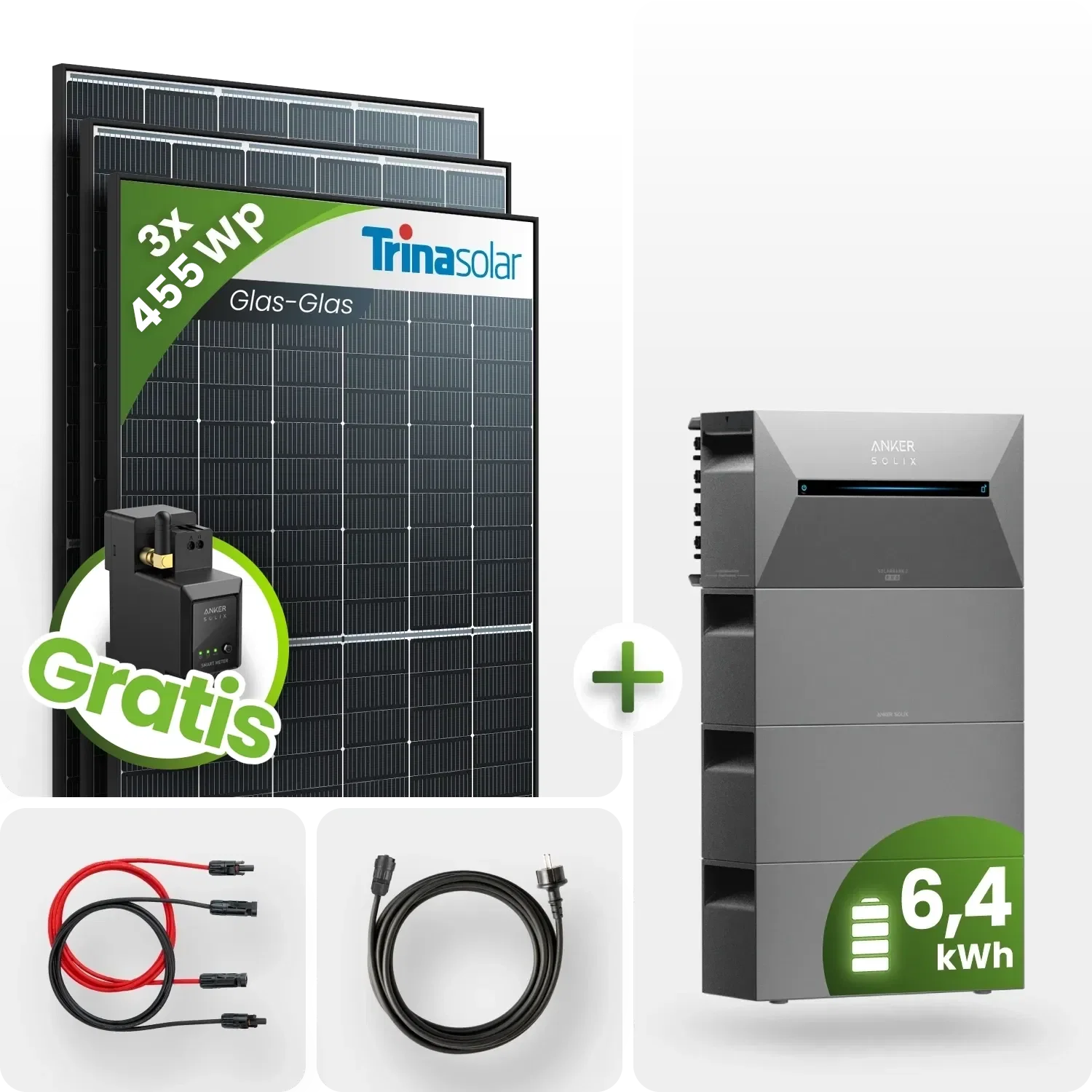 1365Wp Balkonkraftwerk 6,4kWh Speicher Anker Solarbank 2 –3x455Wp Trina Black Frame