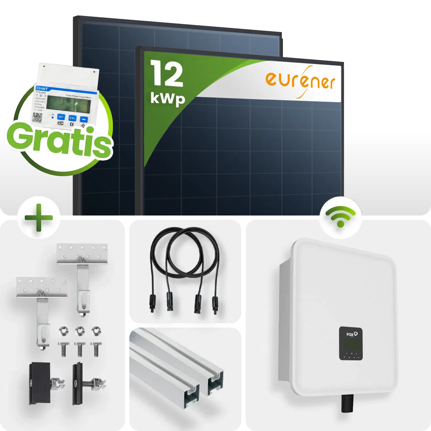 12kWp FoxEss PV-Anlage 27x Eurener 450Wp ULTRA Bifazial Schrägdachmontage inkl. Smart Meter 12kWp FoxEss PV-Anlage 27x Eurener 450Wp ULTRA Bifazial Schrägdachmontage inkl. Smart Meter