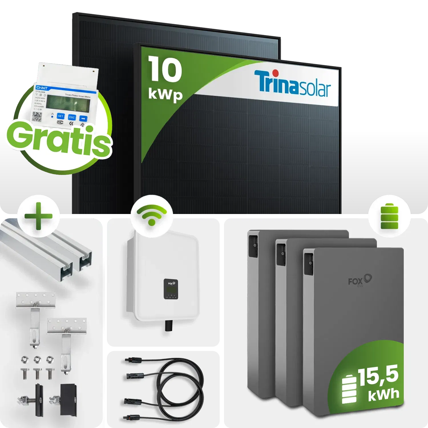 10 kWp FoxEss PV-Anlage 22x Trina 450Wp Glas-Glas Fullblack 15 kWh Speicher inkl. Smart Meter 10 kWp FoxEss PV-Anlage 22x Trina 450Wp Glas-Glas Fullblack 15 kWh Speicher inkl. Smart Meter