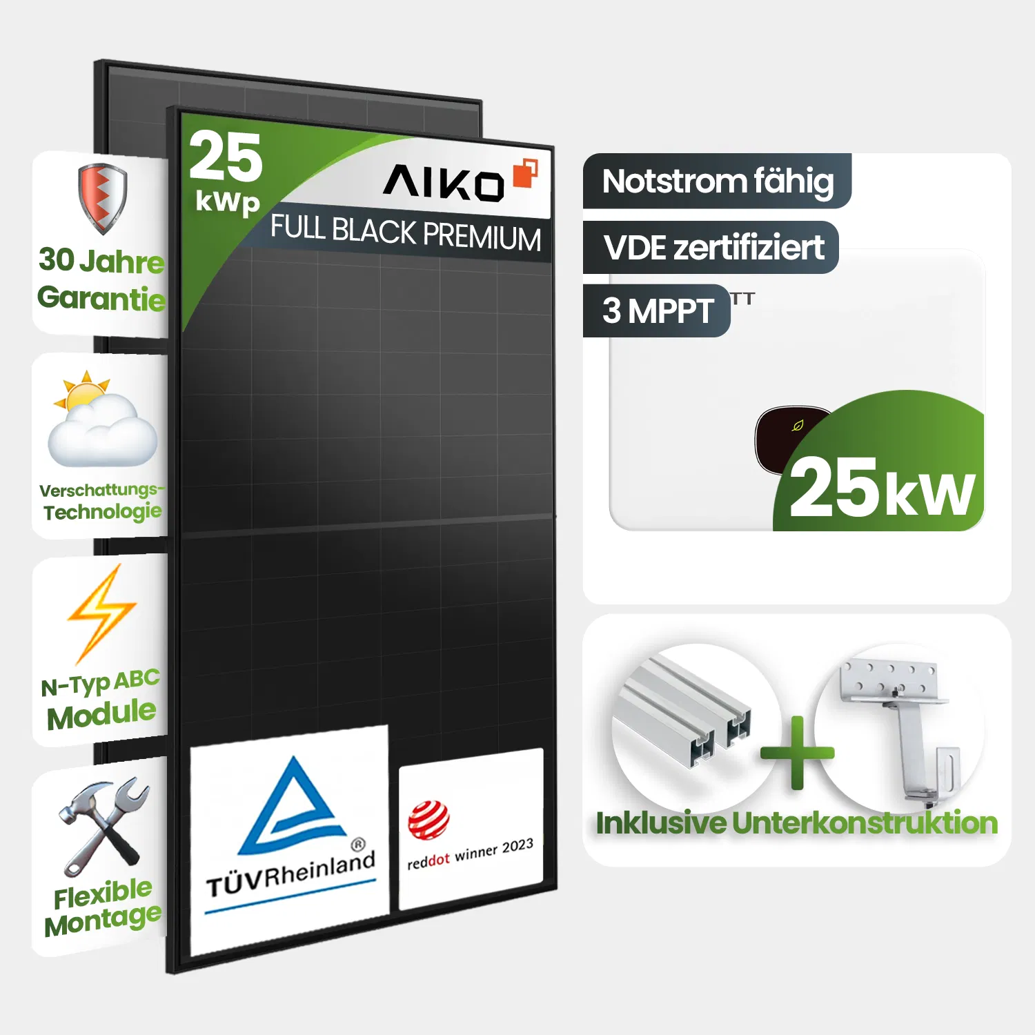 25 kWp Growatt PV-Anlage 50x Aiko 500Wp Glas-Glas Fullblack Speicherfähig 25 kWp Growatt PV-Anlage 50x Aiko 500Wp Glas-Glas Fullblack Speicherfähig