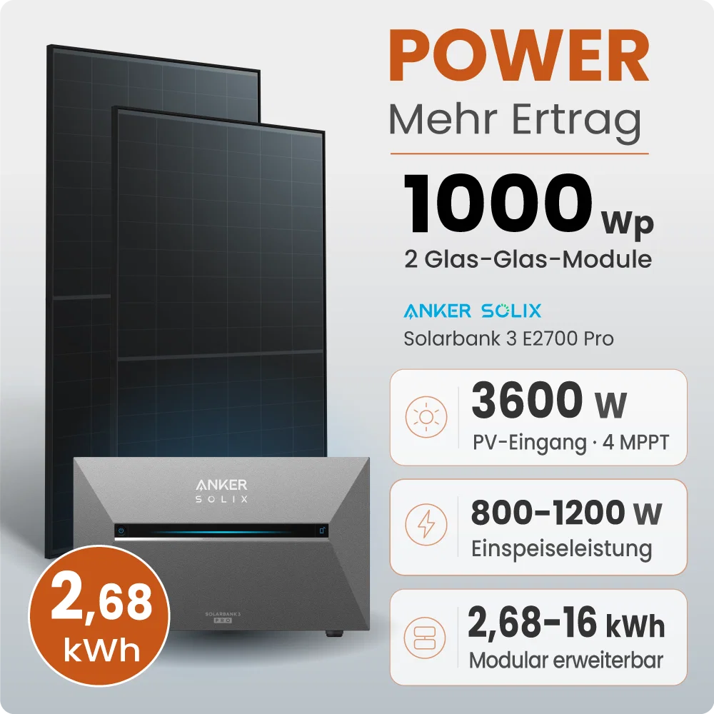 Tepto 1000W Balkonkraftwerk MaxPower mit 2,68 kWh Speicher Anker 3 Pro