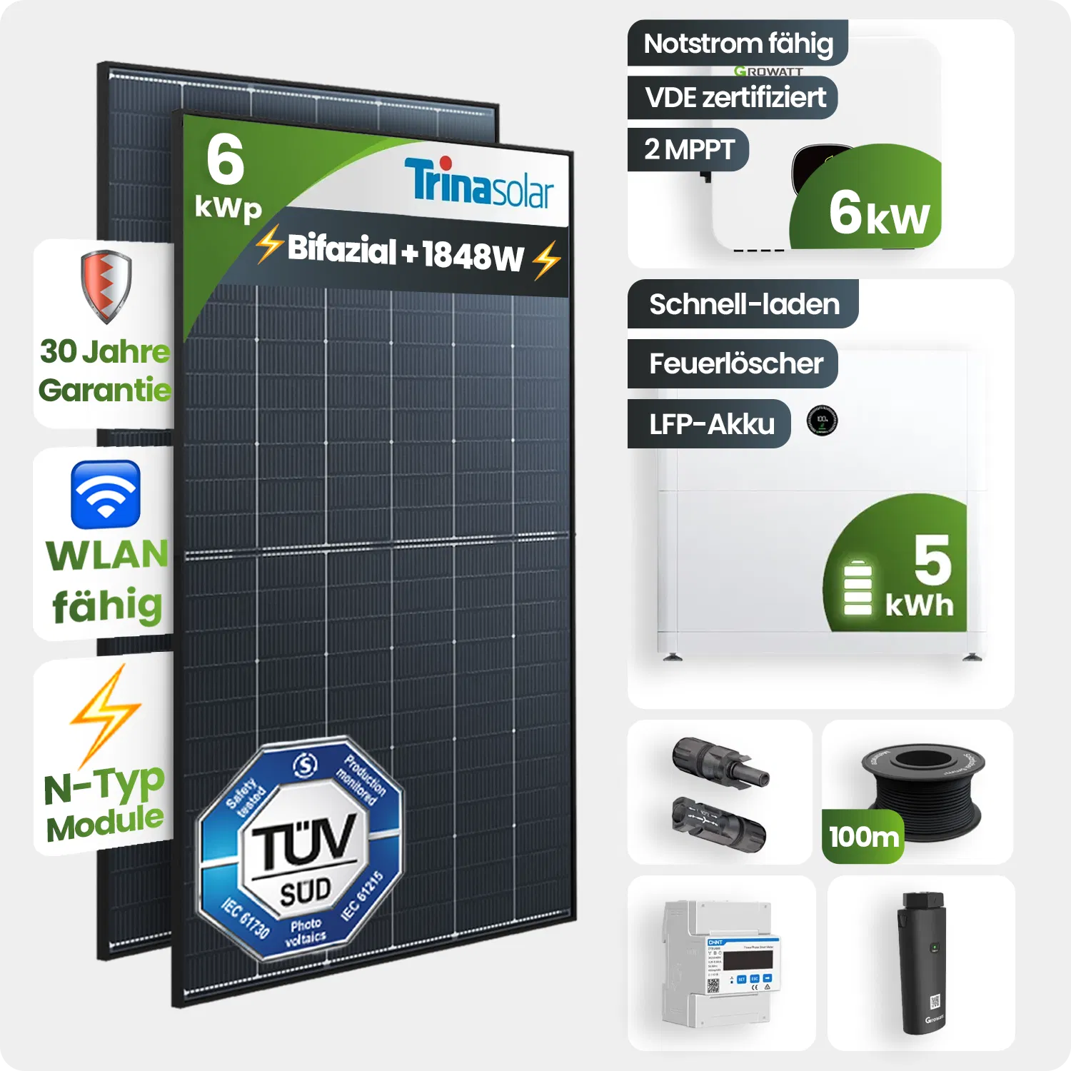 6kWp Growatt PV-Anlage 14x Trina 440Wp Glas-Glas Bifazial mit 5kWh Speicher Notstromfähig Speicher erweiterbar 6kWp Growatt PV-Anlage 14x Trina 440Wp Glas-Glas Bifazial mit 5kWh Speicher Notstromfähig Speicher erweiterbar