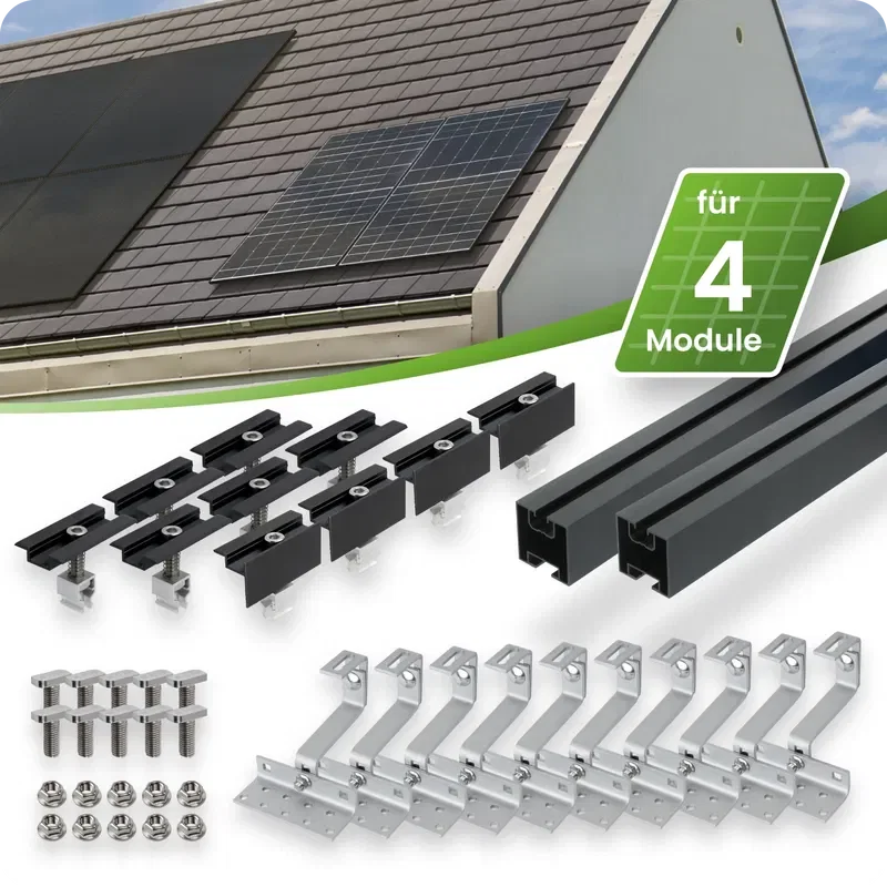 Tepto Schrägdach Montageset Schwarz für 4 PV-Module senkrecht 30 mm Rahmenhöhe