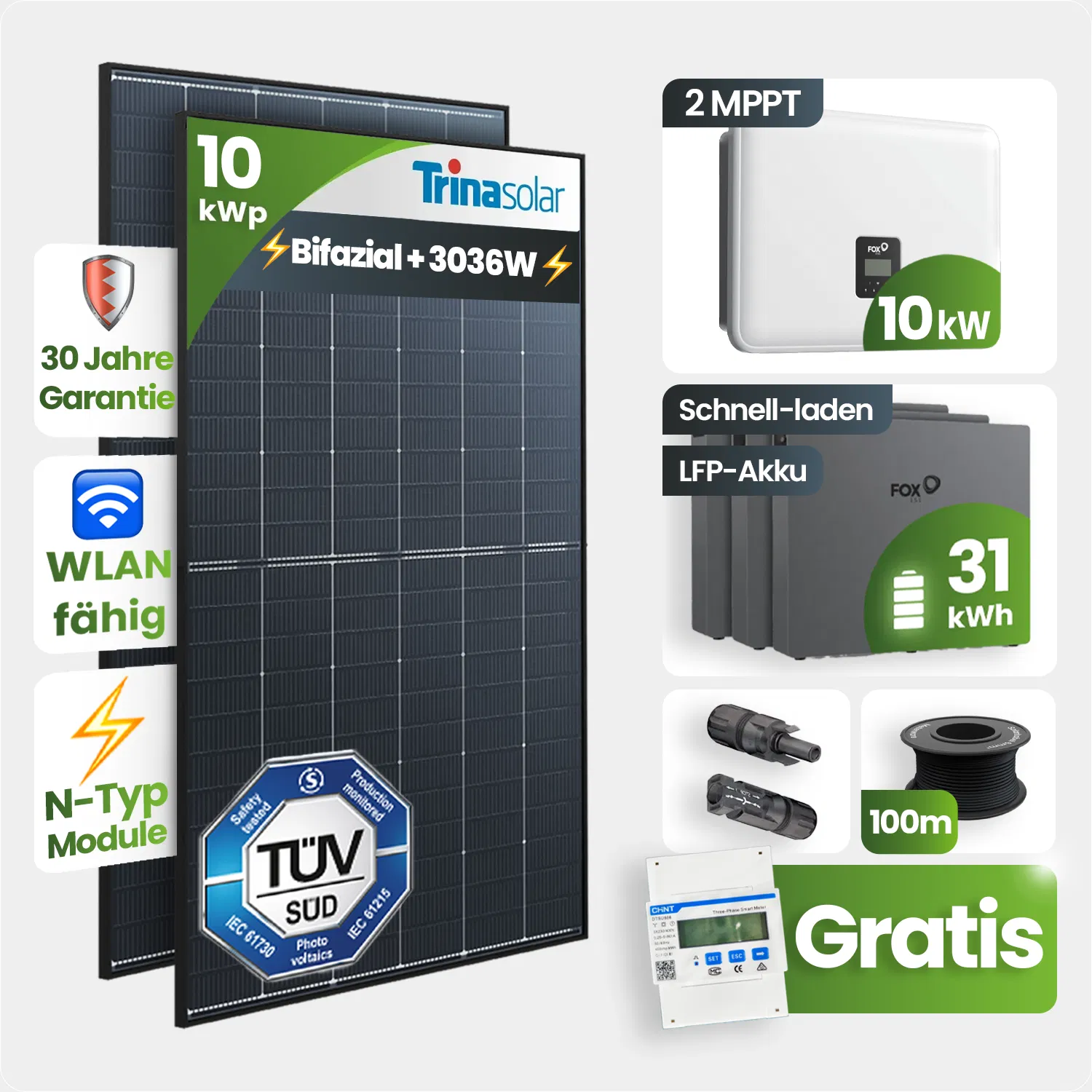 10 kWp FoxEss PV-Anlage 23x Trina 440Wp Bifazial Black Frame 30kWh Speicher Notstromfähig Speicher erweiterbar 10 kWp FoxEss PV-Anlage 23x Trina 440Wp Bifazial Black Frame 30kWh Speicher Notstromfähig Speicher erweiterbar
