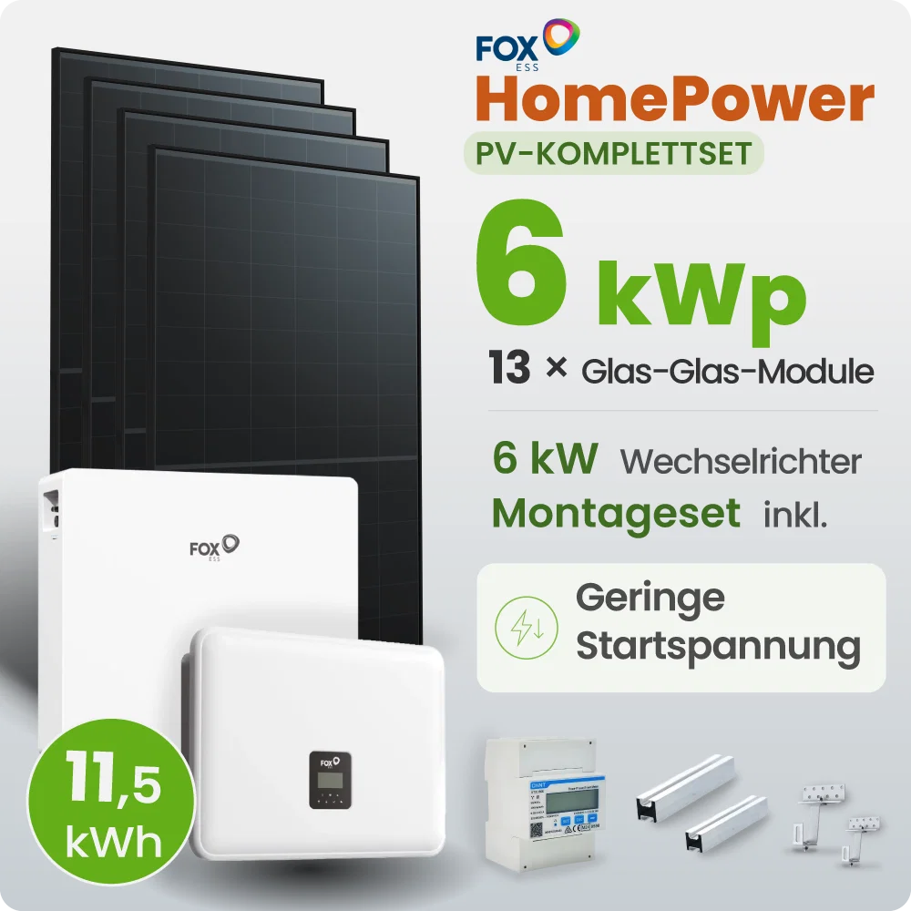 6kWp FoxEss PV-Anlage 13x 460Wp Glas-Glas Fullblack Schrägdachmontage 10 kWh Speicher inkl. Smart Meter