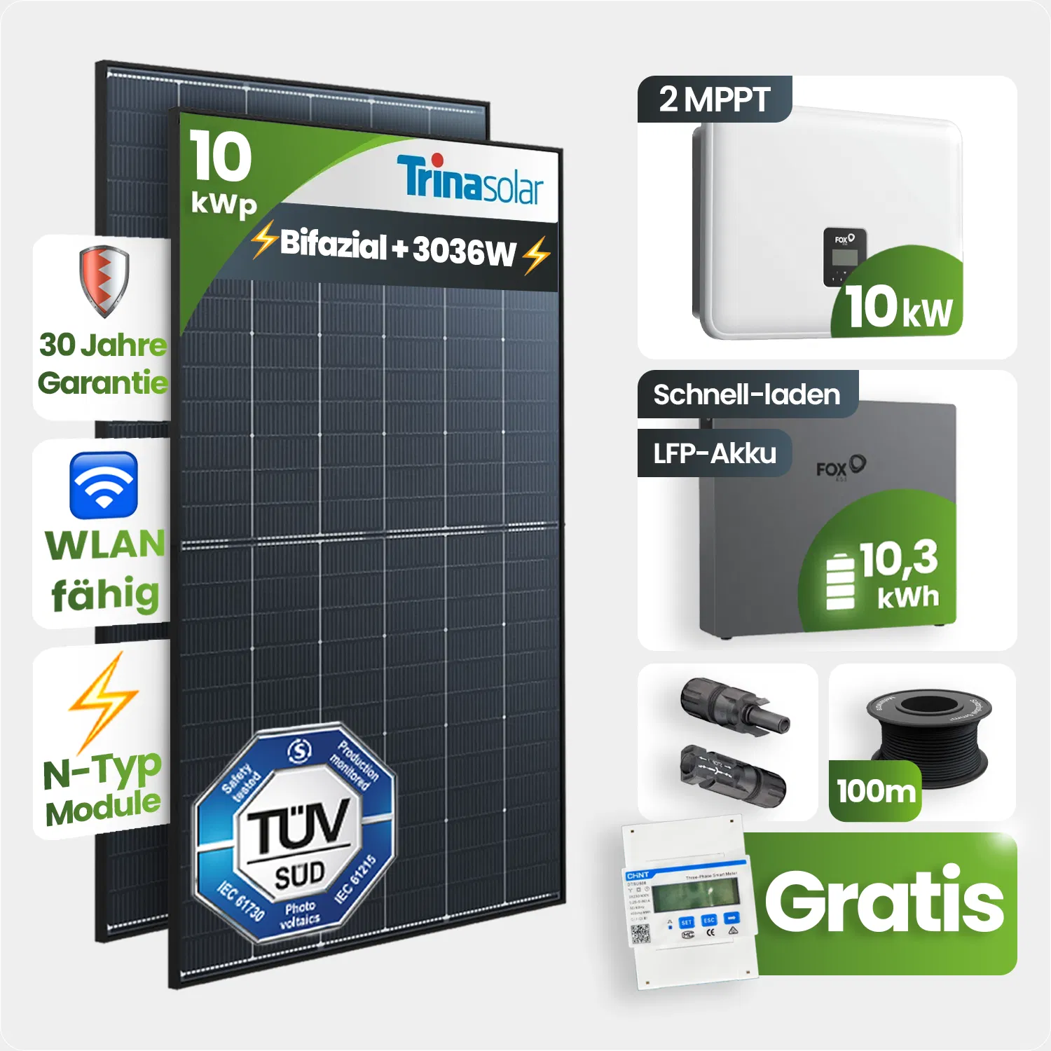 10 kWp FoxEss PV-Anlage 23x Trina 440Wp Bifazial Black Frame 10kWh Speicher Notstromfähig Speicher erweiterbar 10 kWp FoxEss PV-Anlage 23x Trina 440Wp Bifazial Black Frame 10kWh Speicher Notstromfähig Speicher erweiterbar