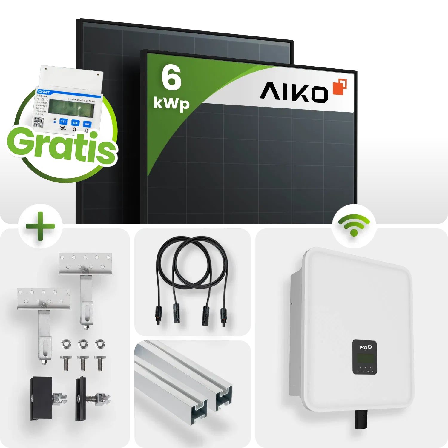 6kWp FoxEss PV-Anlage 13x Aiko 460Wp Glas-Glas Fullblack Schrägdachmontage inkl. Smart Meter 6kWp FoxEss PV-Anlage 13x Aiko 460Wp Glas-Glas Fullblack Schrägdachmontage inkl. Smart Meter