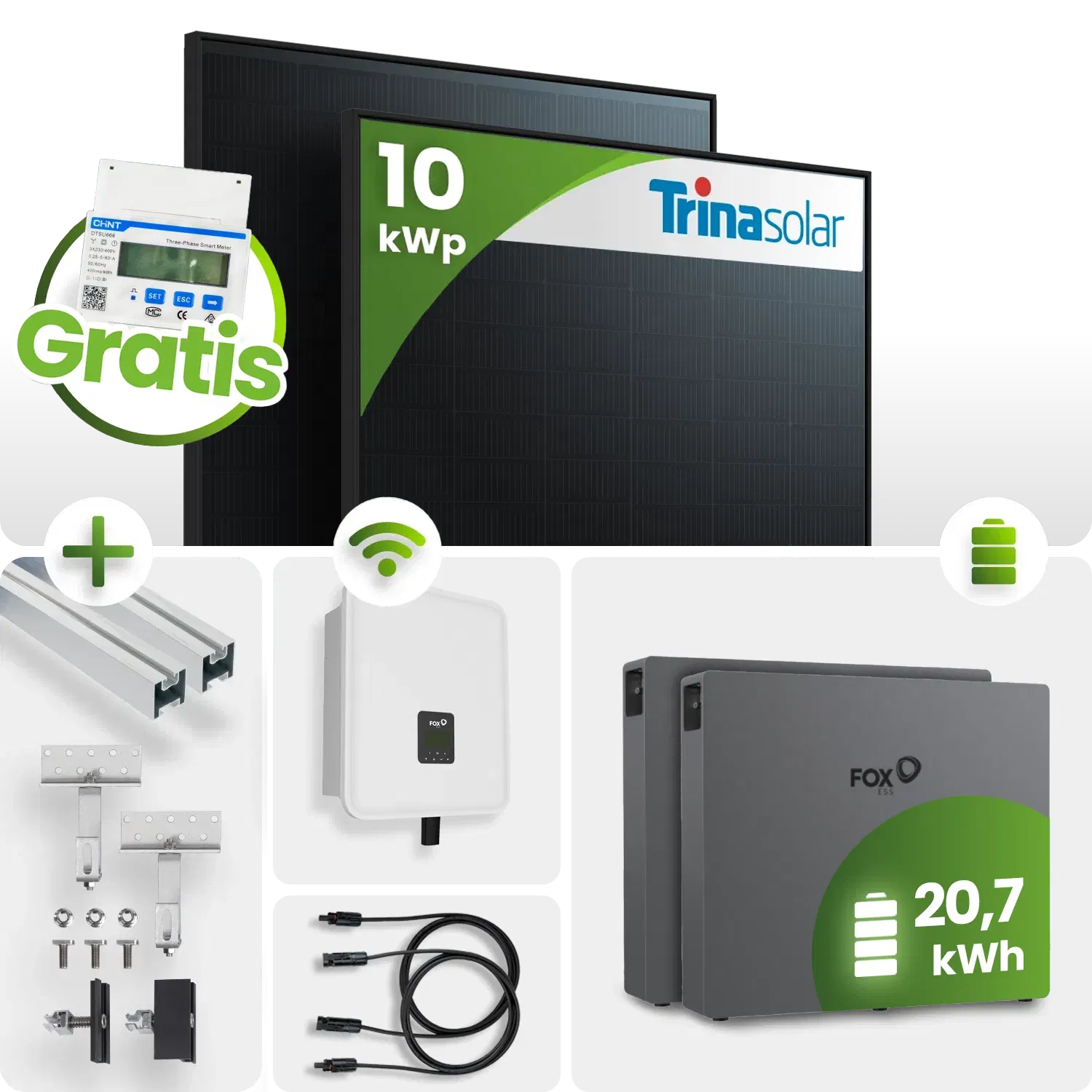 10 kWp FoxEss PV-Anlage 22x Trina 455Wp Glas-Glas 20kWh Speicher inkl. Smart Meter - Notstromfähig 10 kWp FoxEss PV-Anlage 22x Trina 455Wp Glas-Glas 20kWh Speicher inkl. Smart Meter - Notstromfähig