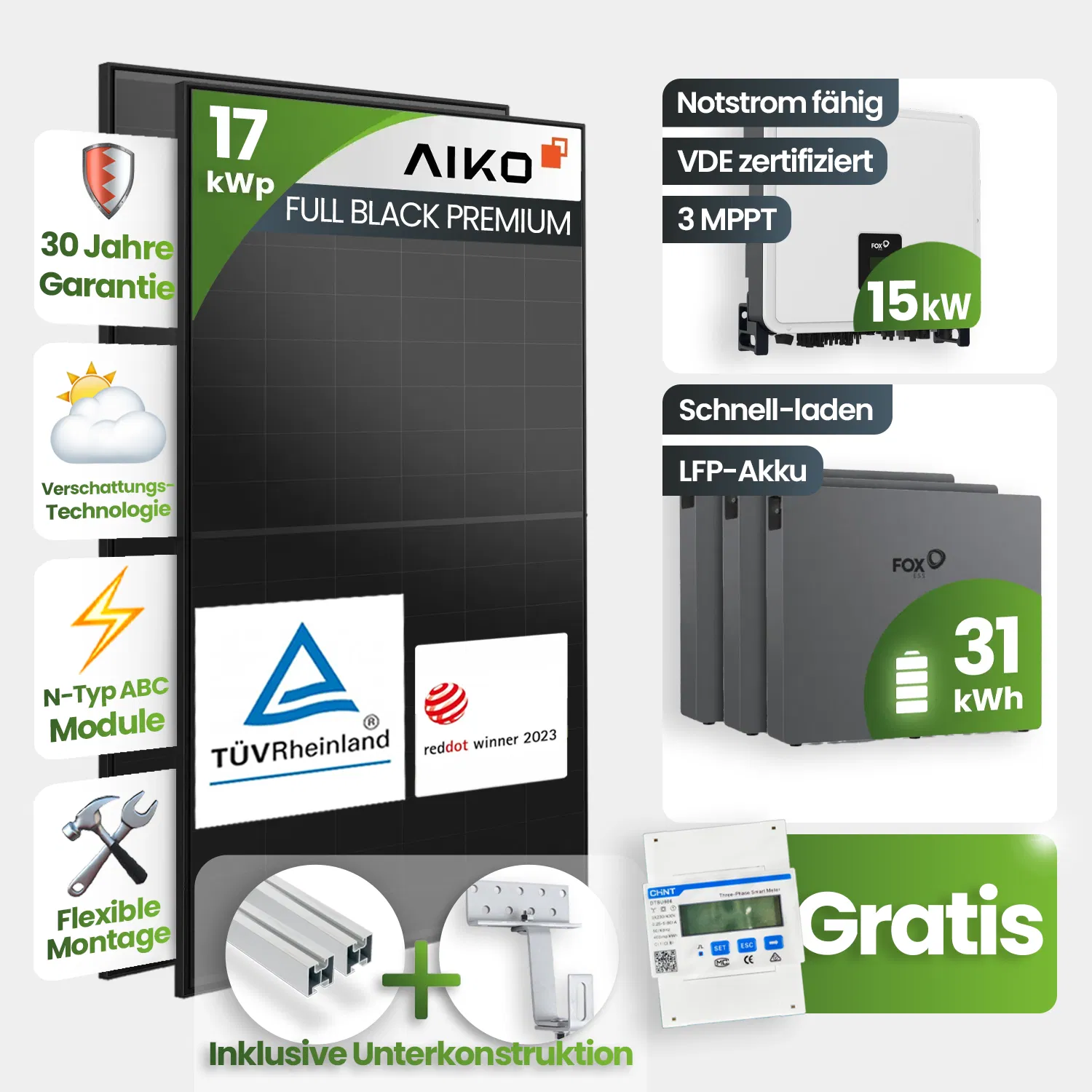 17 kWp PV-Anlage 37x Aiko 460Wp Fullblack Glas-Glas 30kWh Speicher Schrägdachmontage - Notstromfähig 17 kWp PV-Anlage 37x Aiko 460Wp Fullblack Glas-Glas 30kWh Speicher Schrägdachmontage - Notstromfähig