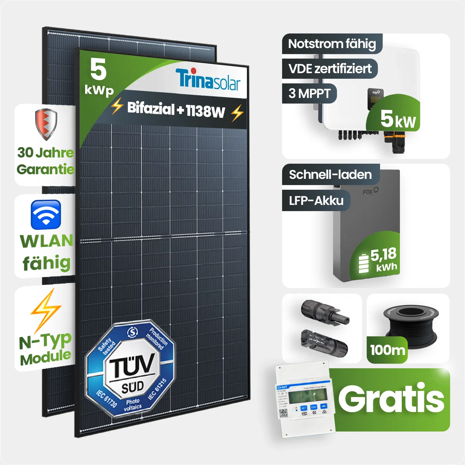 5 kWp FoxEss PV-Anlage 11x Trina 435Wp Bifazial Black Frame 5kWh Speicher Notstromfähig Speicher erweiterbar 5 kWp FoxEss PV-Anlage 11x Trina 435Wp Bifazial Black Frame 5kWh Speicher Notstromfähig Speicher erweiterbar