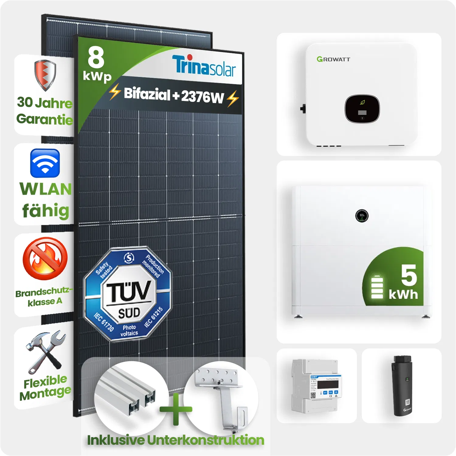 8kWp Growatt PV-Anlage 18x Trina 440Wp Glas-Glas Bifazial Schrägdachmontage 5kWh Speicher