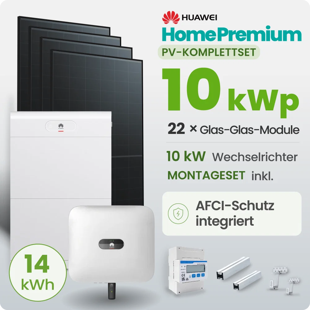 10kWp Huawei PV-Anlage 22x 460Wp Fullblack Schrägdachmontage 14kWh Speicher
