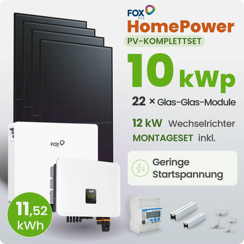 10 kWp FoxEss PV-Anlage 22x 460Wp Glas-Glas Fullblack 11,52kWh Speicher inkl. Smart Meter - Notstromfähig