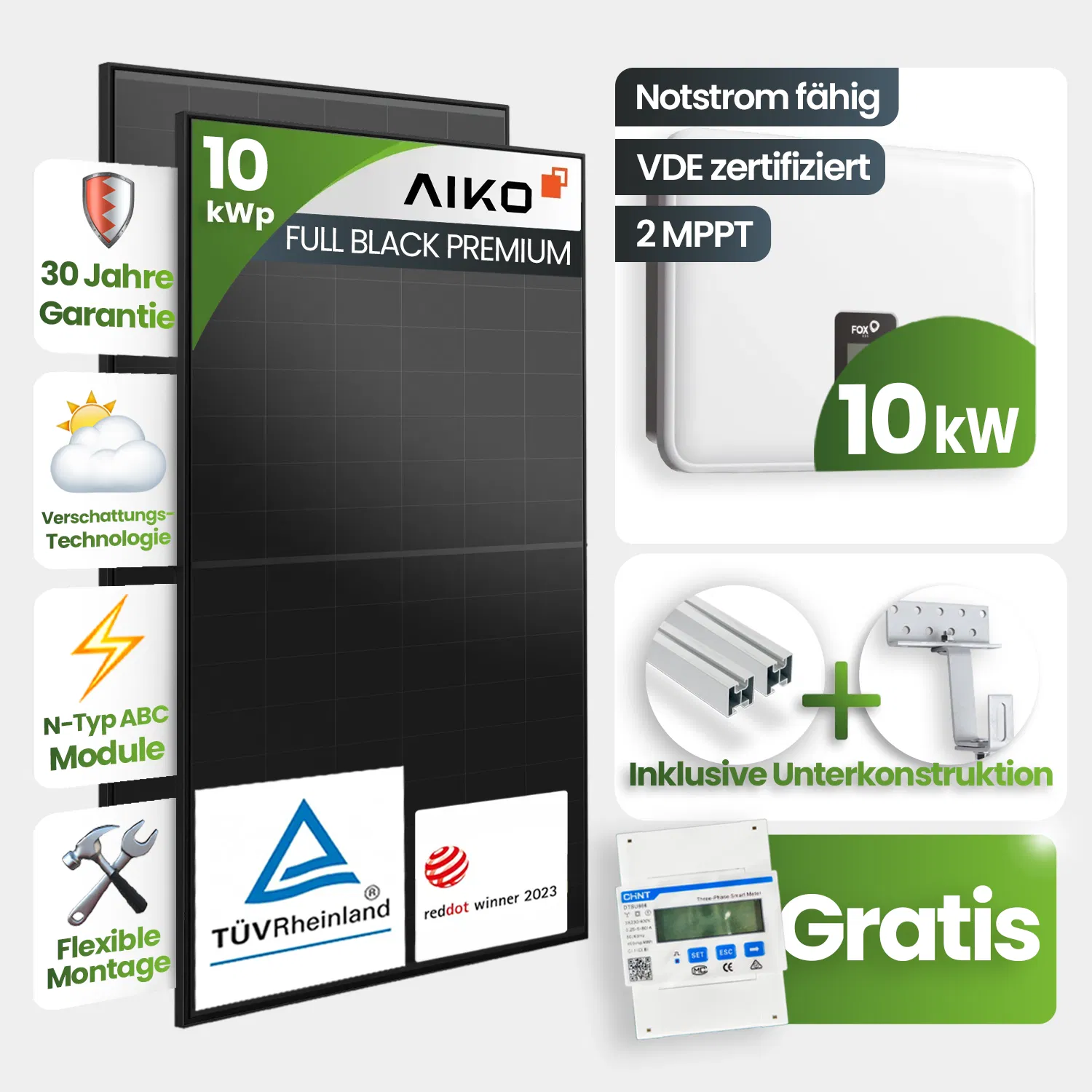10 kWp FoxEss PV-Anlage 22xAiko 460Wp Glas-Glas Fullblack inkl. Smart Meter