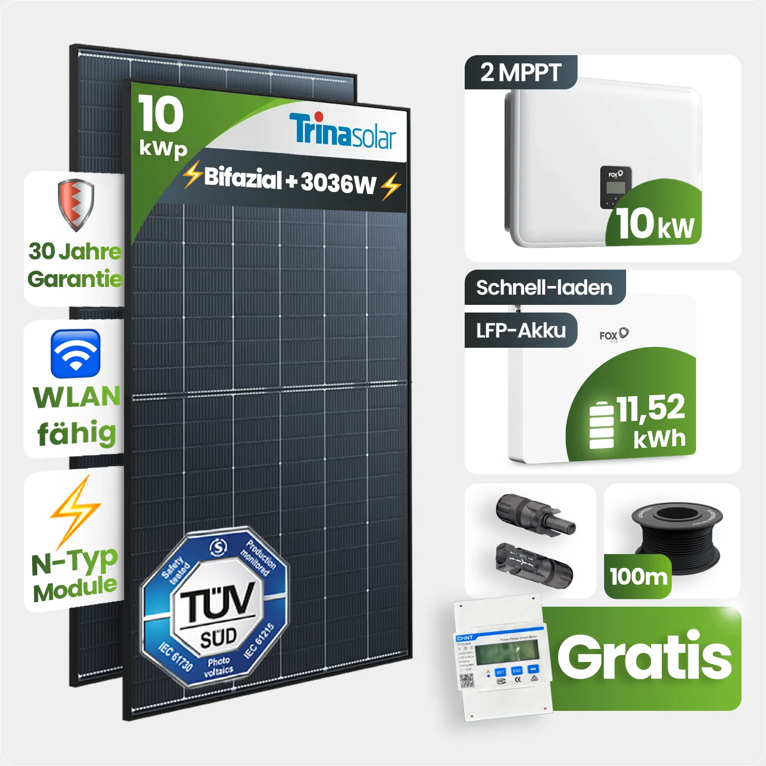 10 kWp FoxEss PV-Anlage 23x Trina 440Wp Bifazial Black Frame 11,52kWh Speicher Notstromfähig Speicher erweiterbar