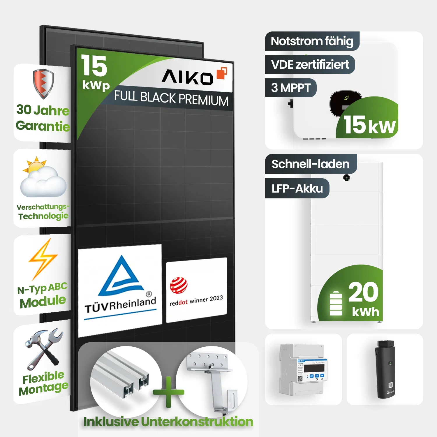 15 kWp Growatt PV-Anlage 33x Aiko 460Wp Glas-Glas Fulblack mit 20kWh Speicher