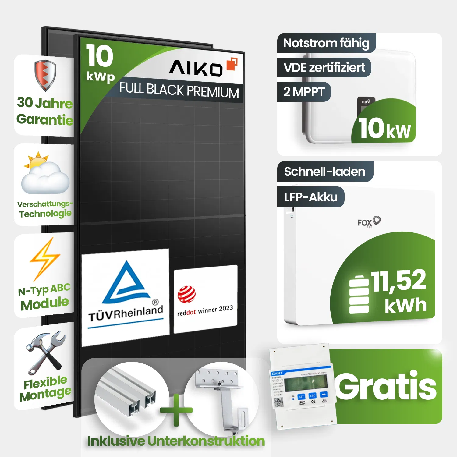 10 kWp FoxEss PV-Anlage 22xAiko 460Wp Glas-Glas Fullblack 11,52kWh Speicher inkl. Smart Meter