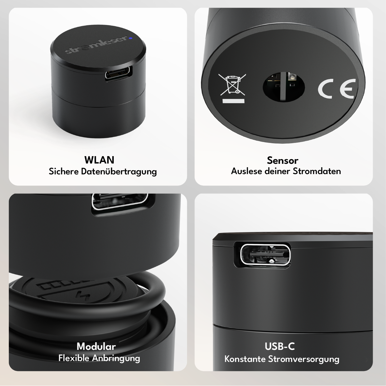 Stromdatensensor, WLAN, USB-C-Anschluss, modulare Befestigung, schwarzes Gehäuse