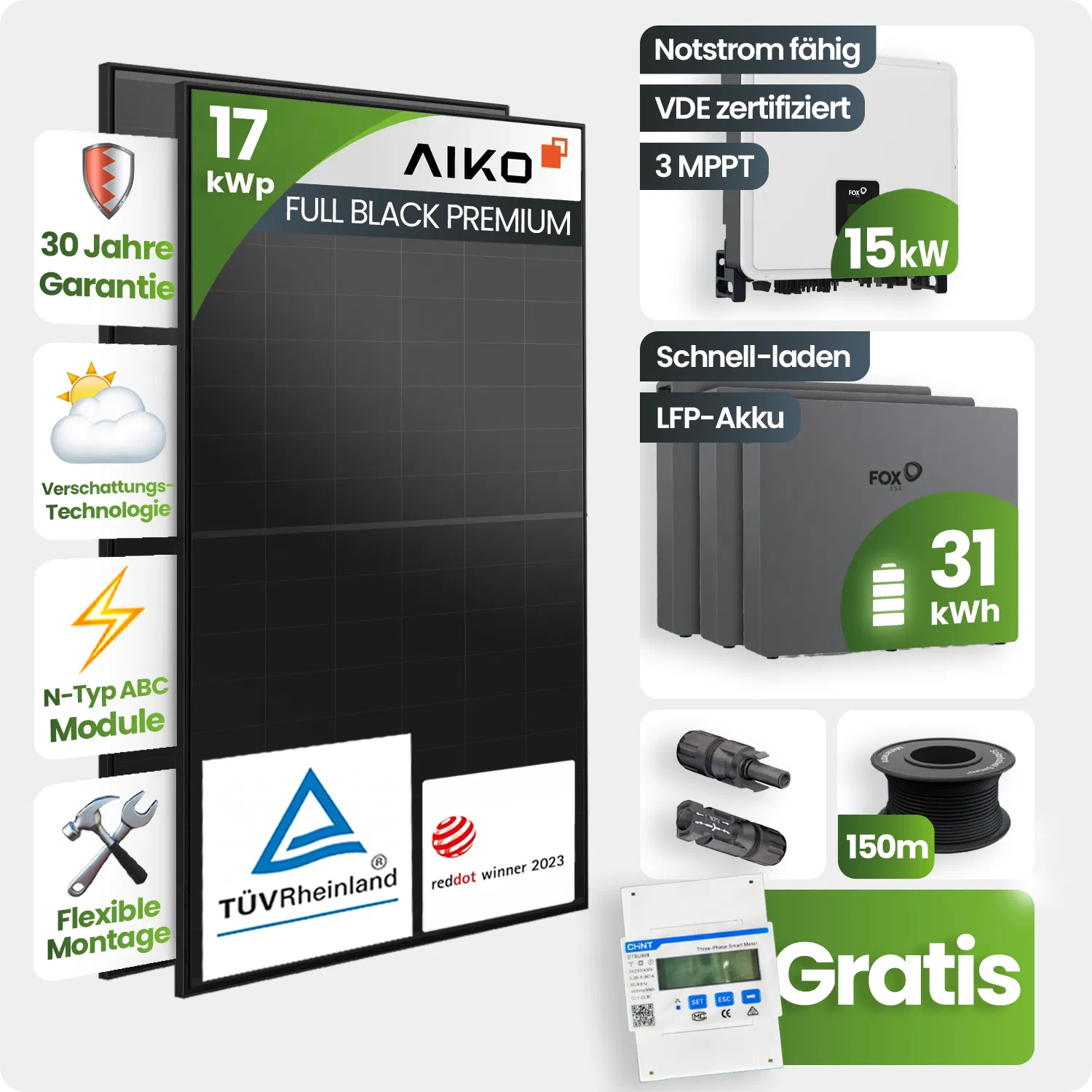 17 kWp PV-Anlage 37x Aiko 460Wp Fullblack Glas-Glas 30kWh Speicher - Notstromfähig
