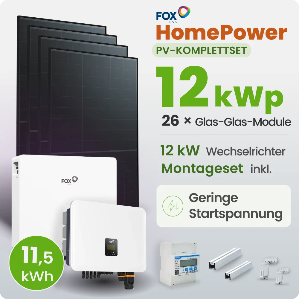 12 kWp FoxEss PV-Anlage 26x 460Wp Glas-Glas Fullblack 11,52kWh Speicher inkl. Smart Meter