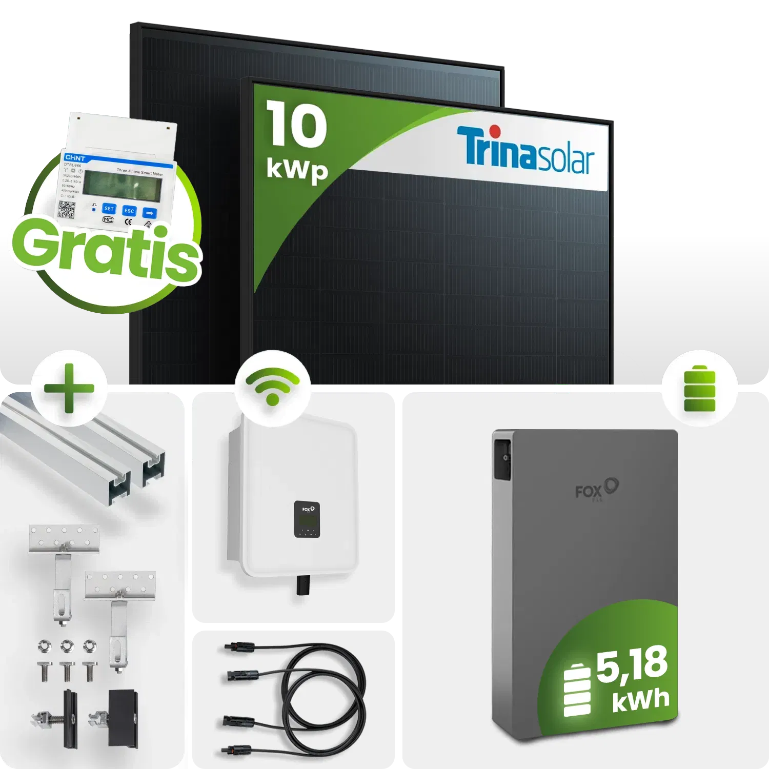 10 kWp FoxEss PV-Anlage 22x Trina 450Wp Glas-Glas Fullblack 5kWh Speicher inkl. Smart Meter 10 kWp FoxEss PV-Anlage 22x Trina 450Wp Glas-Glas Fullblack 5kWh Speicher inkl. Smart Meter