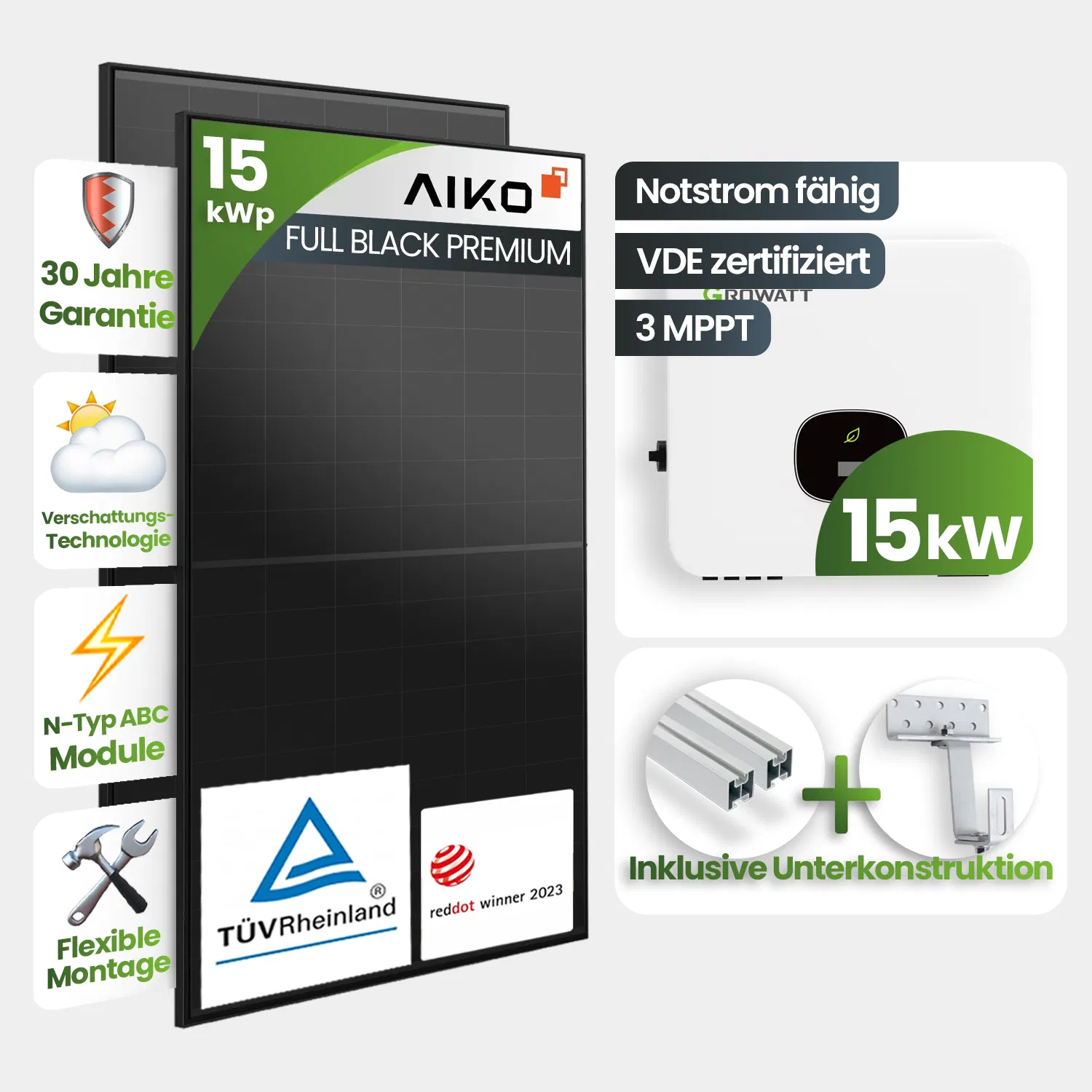 15 kWp Growatt PV-Anlage 33x Aiko 460Wp Glas-Glas Fulblack Speicherfähig 15 kWp Growatt PV-Anlage 33x Aiko 460Wp Glas-Glas Fulblack Speicherfähig
