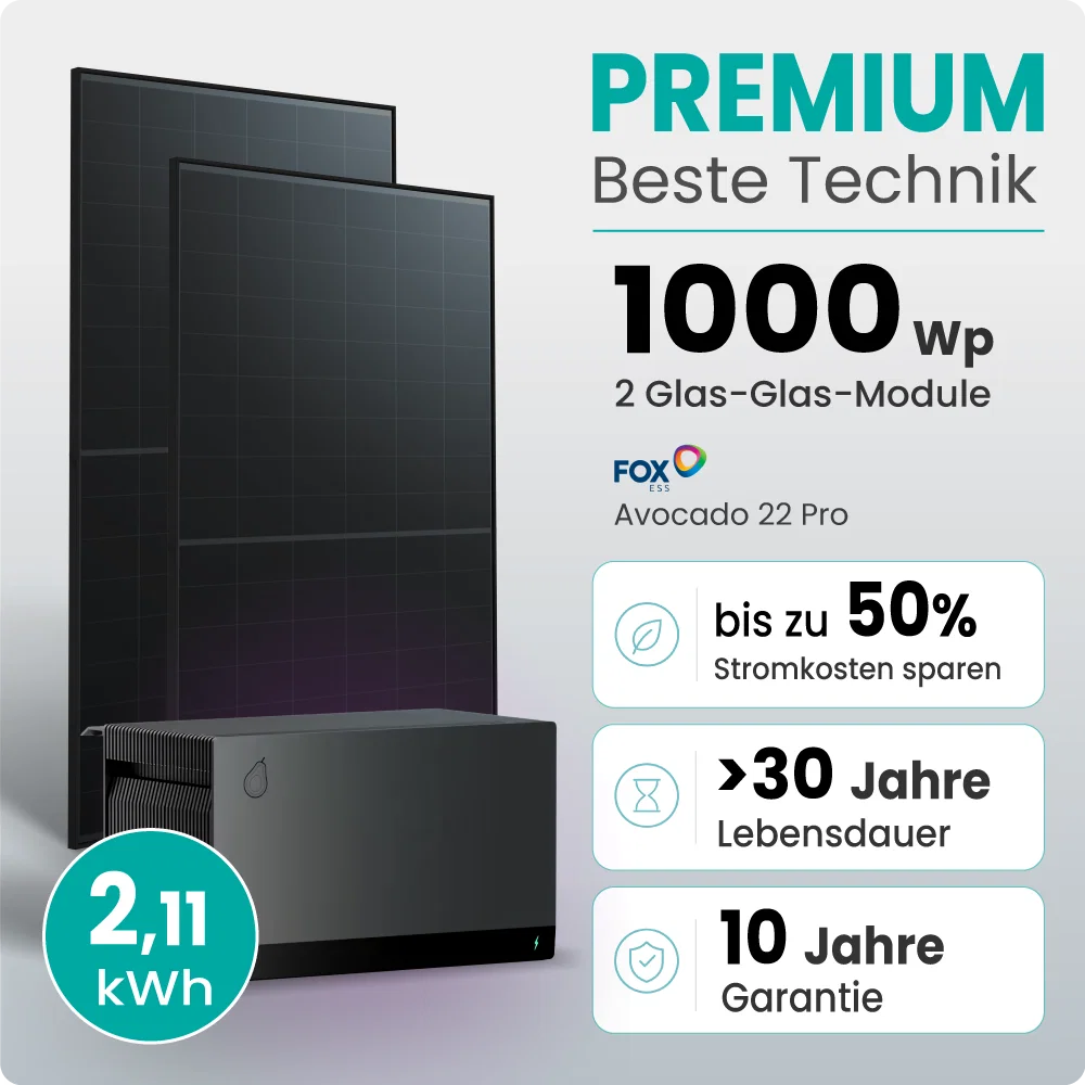 Tepto 1000W Balkonkraftwerk Premium mit FoxEss Avocado 22 Pro 2,11kWh Speicher