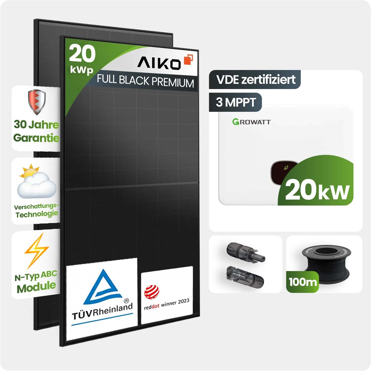 20kWp Growatt PV-Anlage 40x Aiko 500Wp Glas-Glas Notstromfähig Speicher erweiterbar